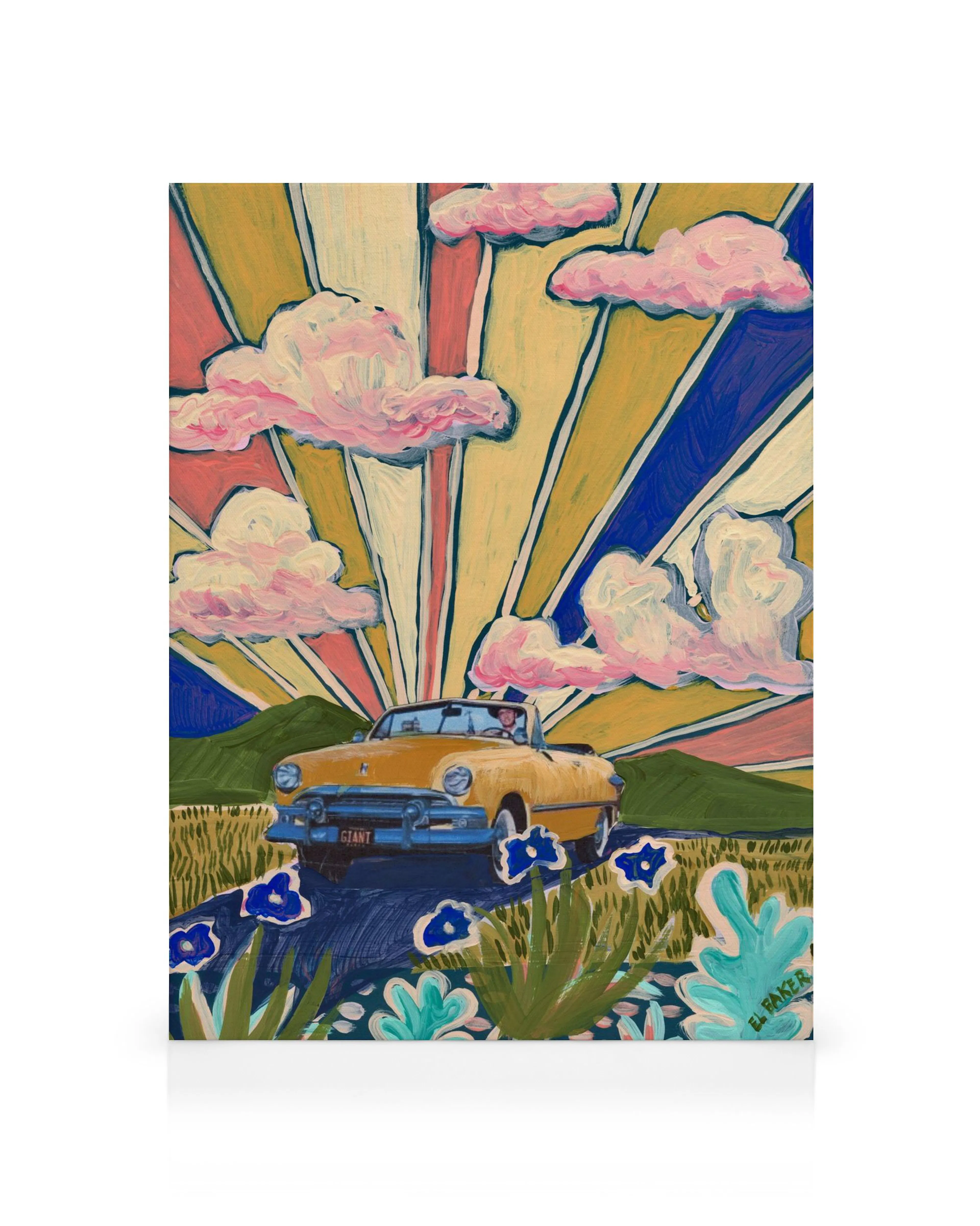 Leinwandbild Sunrise Ride von Eleanor Baker: Gelbes Oldtimer-Cabrio fährt auf Straße bei Sonnenaufgang, pinke Wolken, bunte Stra