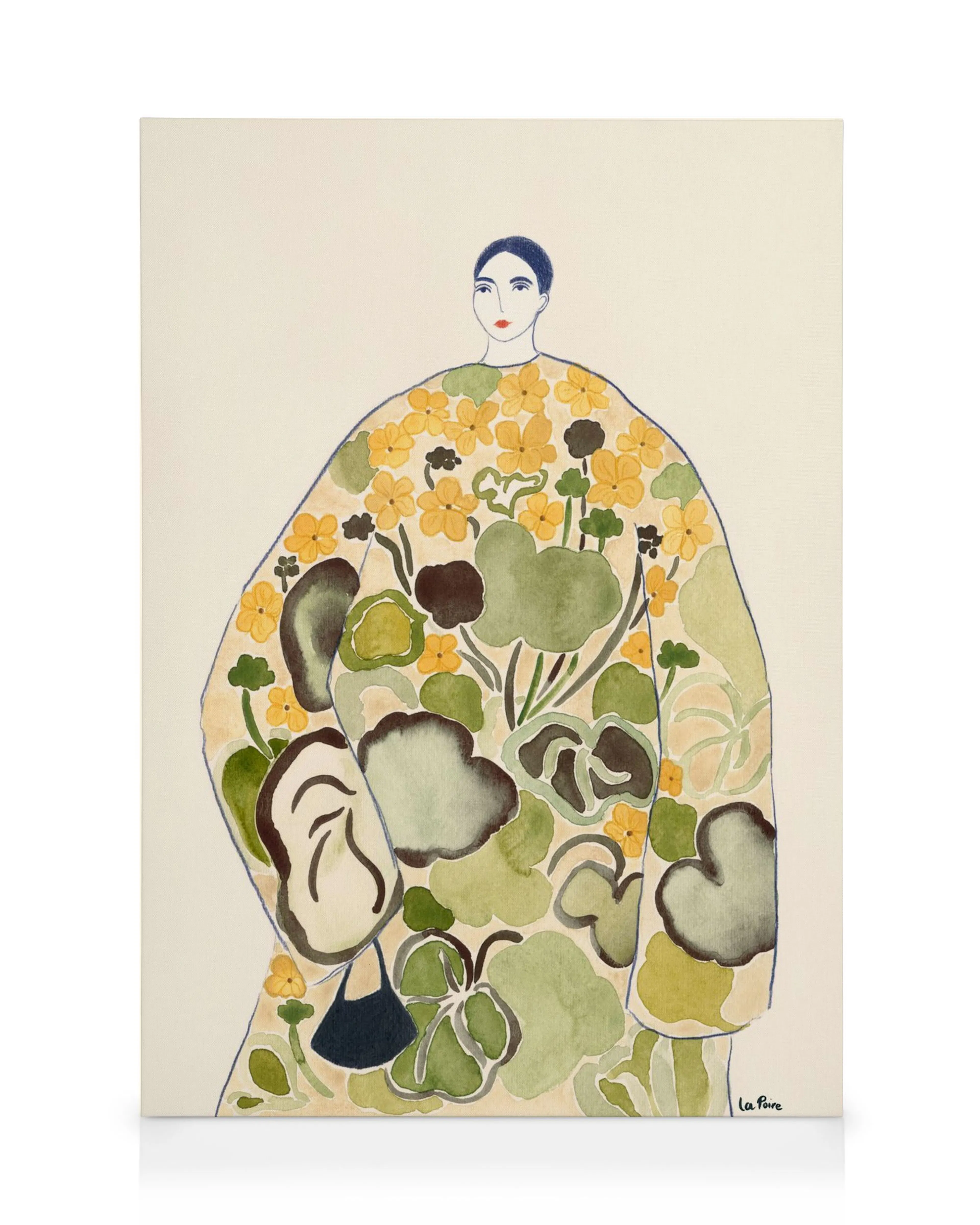 Kunstleinwand: Frau in floralem Outfit, gelbe Blüten und grüne Blätter auf beigem Hintergrund, eleganter Stil.