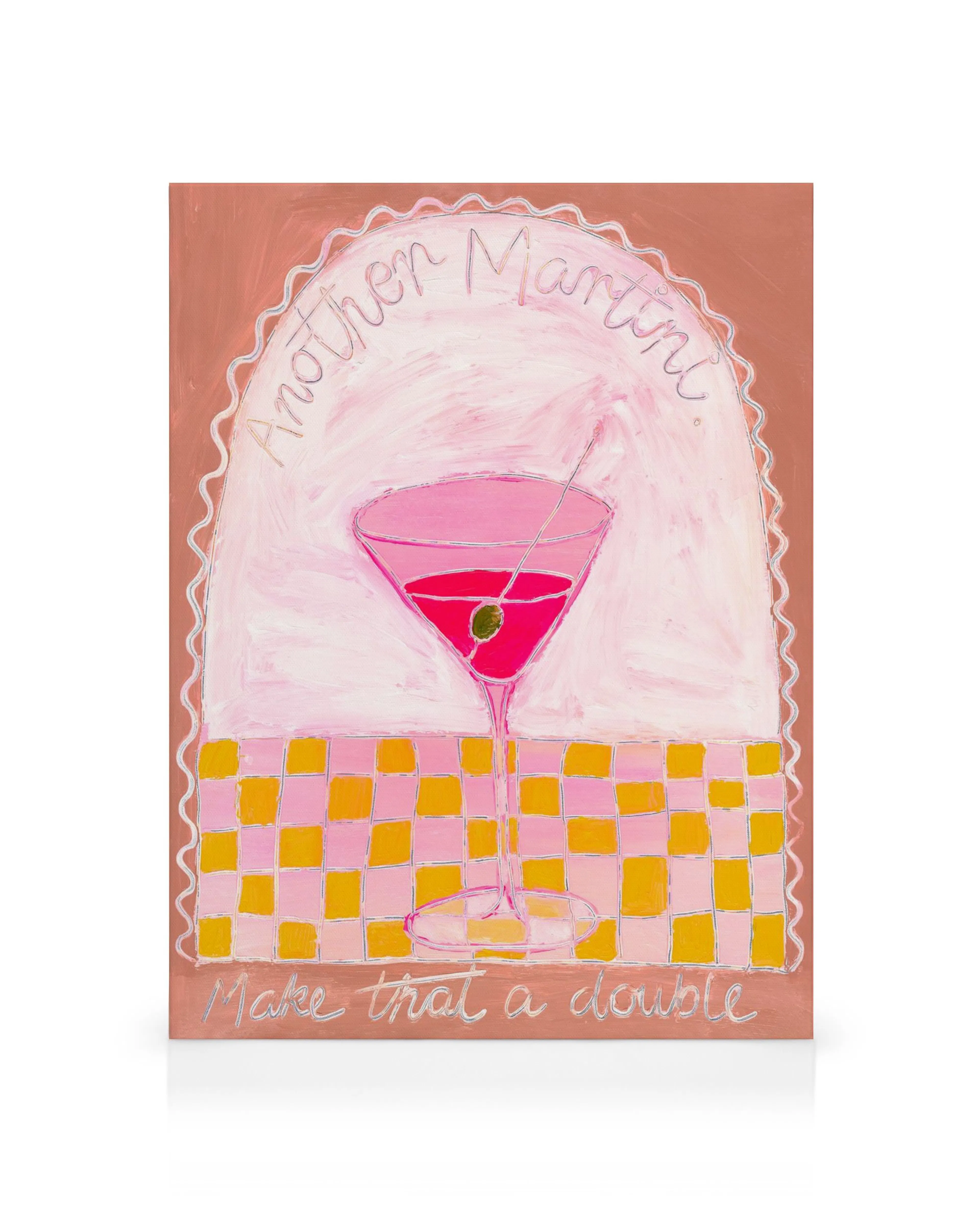 Britty Flynn plátno s martini, ružovým nápojom, olivou a nápisom Another Martini a Make that a double