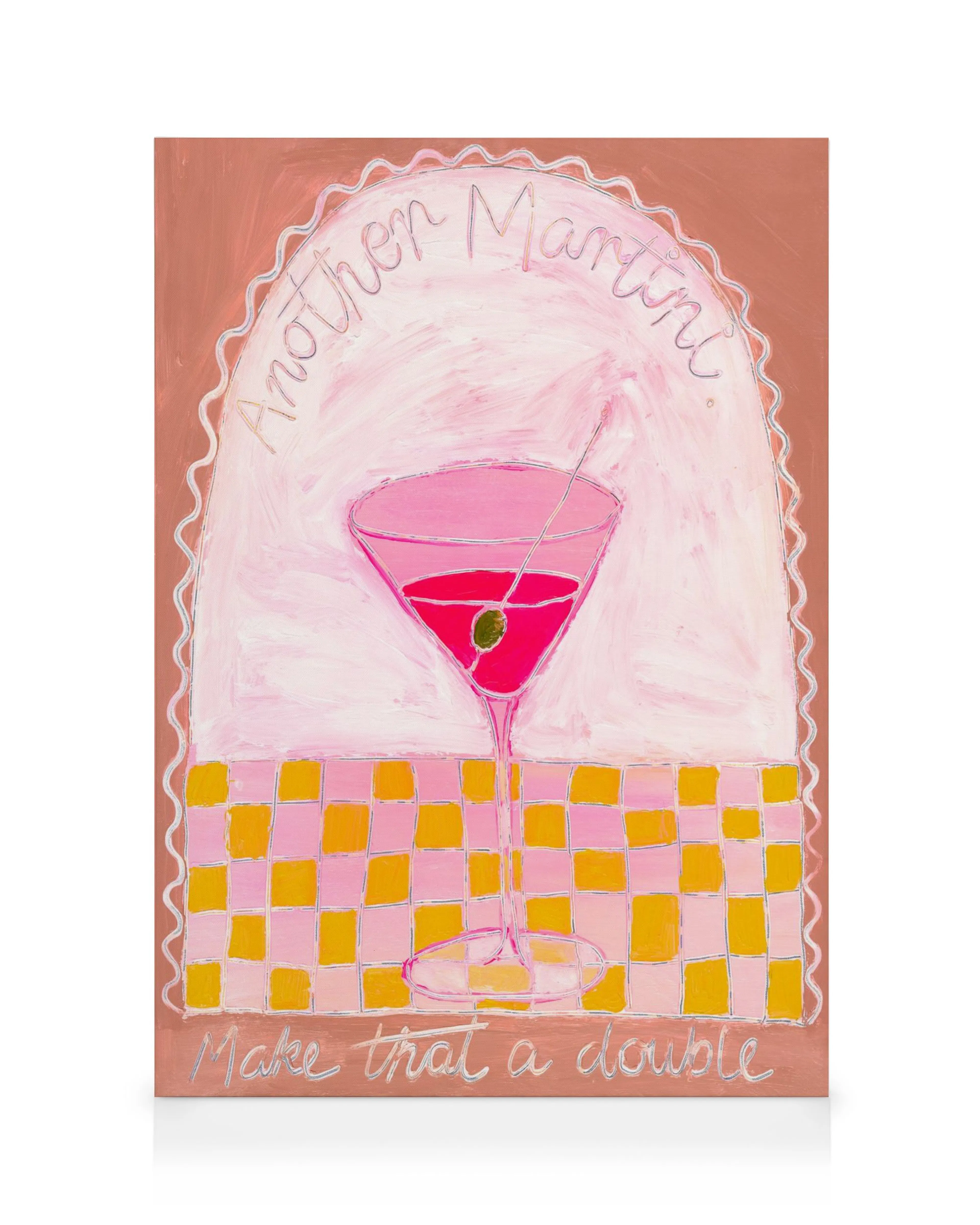 Britty Flynn Martini canvas print, pink martini glass with olive on yellow and pink checkered backdrop, Another Martini text.
