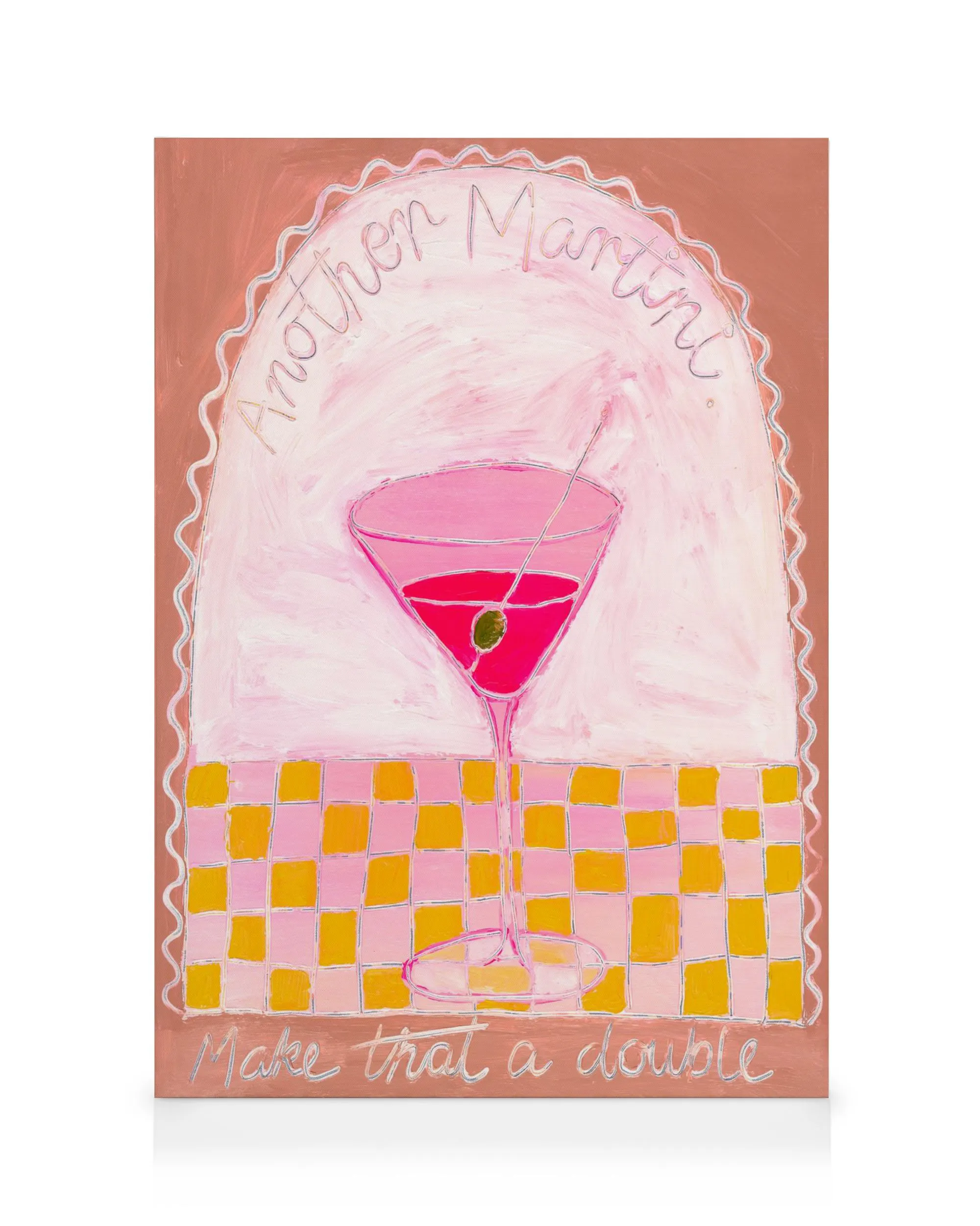 Britty Flynns Another Martini canvas print, featuring a vibrant pink martini glass on a checkered pattern, with Another Martini