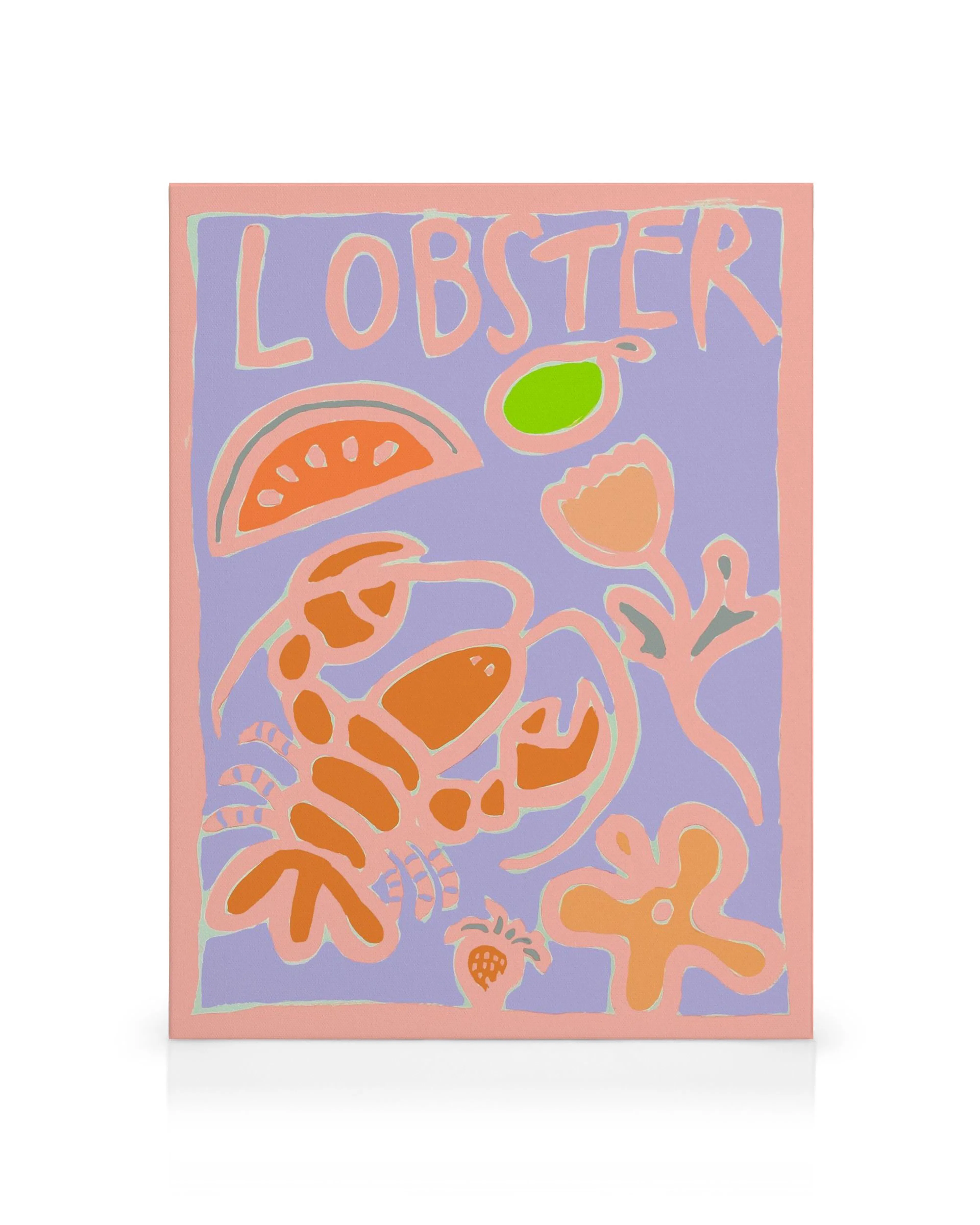 Stampa su tela colorata con aragosta arancione, fetta di limone e piante, su sfondo viola con bordo rosa e Lobster.