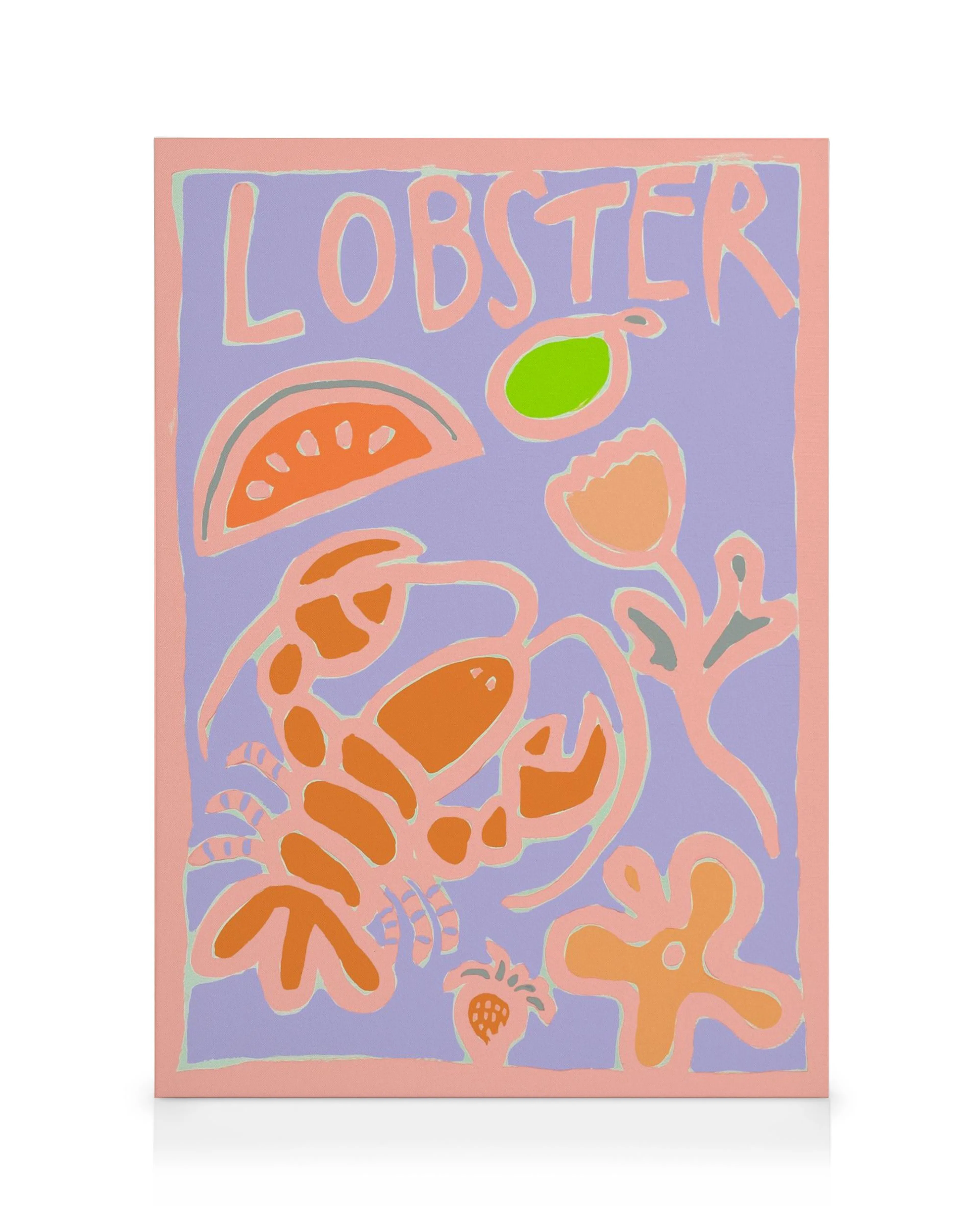 Colourful lobster canvas print with lemon slices and plants on a purple background with a pink border.