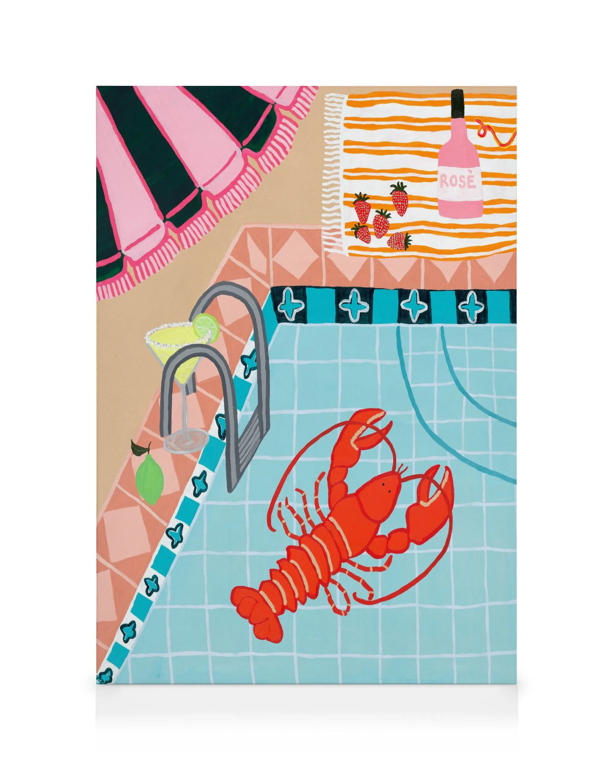 Vibrant Palm Springs pool scene canvas print with pink umbrella, cocktail, strawberries, and red lobster in blue water.