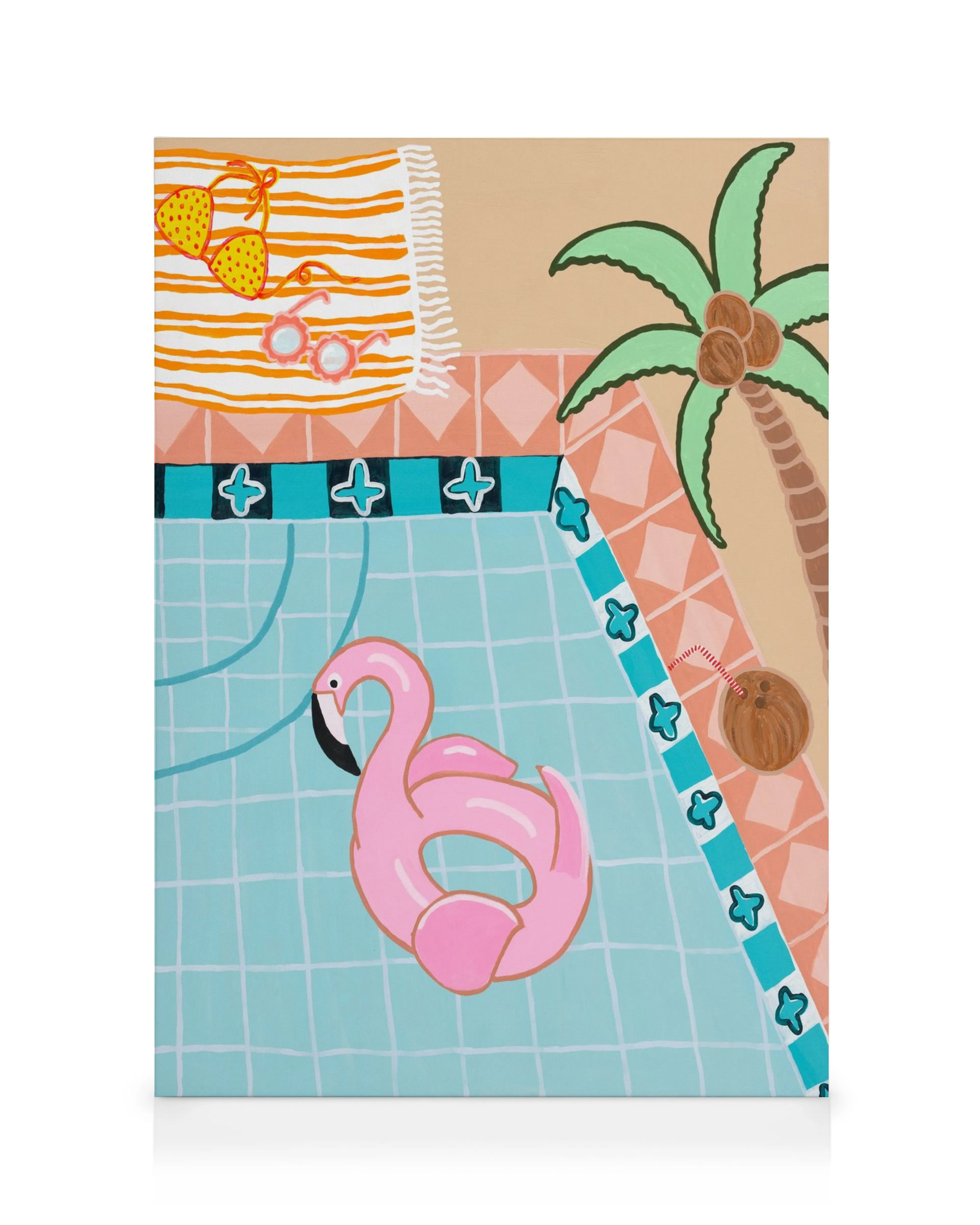Leinwandbild mit Pool-Motiv: rosa Flamingo-Schwimmring, Bikini, Kokosnussgetränk und Palme in Pastelltönen.