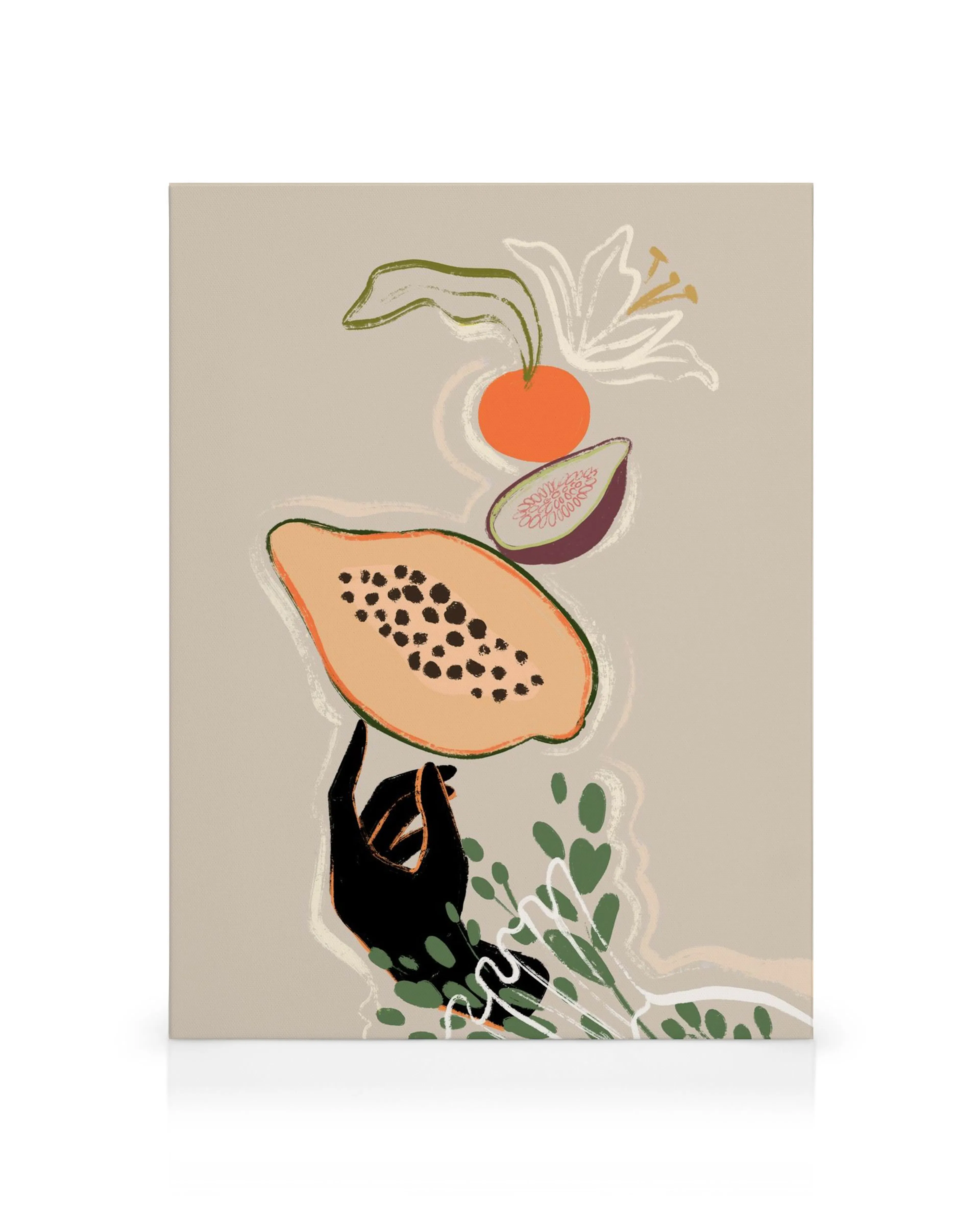 Abstract canvas print with a black hand balancing a papaya, fig, and orange, with green leaves on beige.