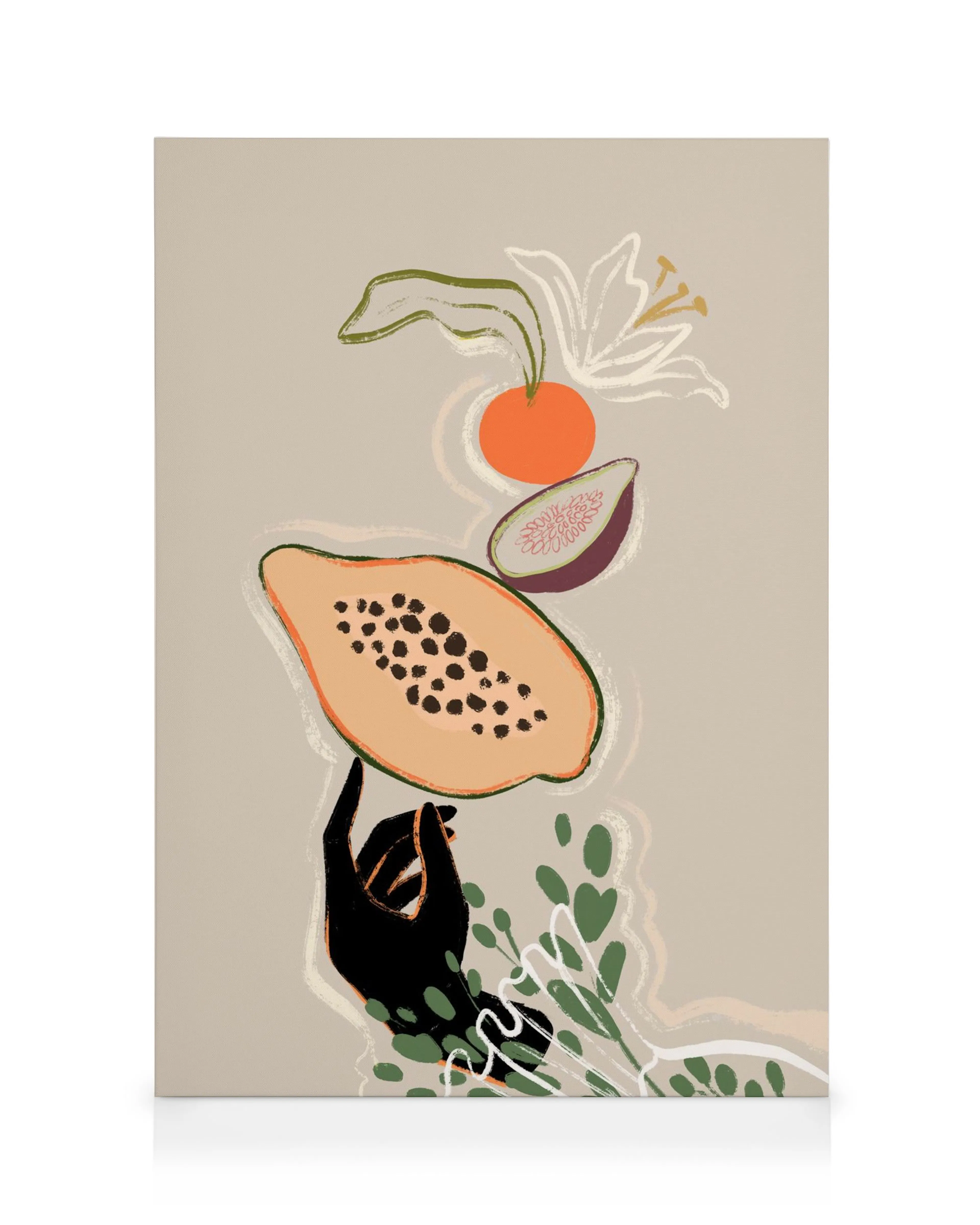 Abstract canvas art with a black hand balancing a papaya, fig, and orange, surrounded by green leaves and a white flower.
