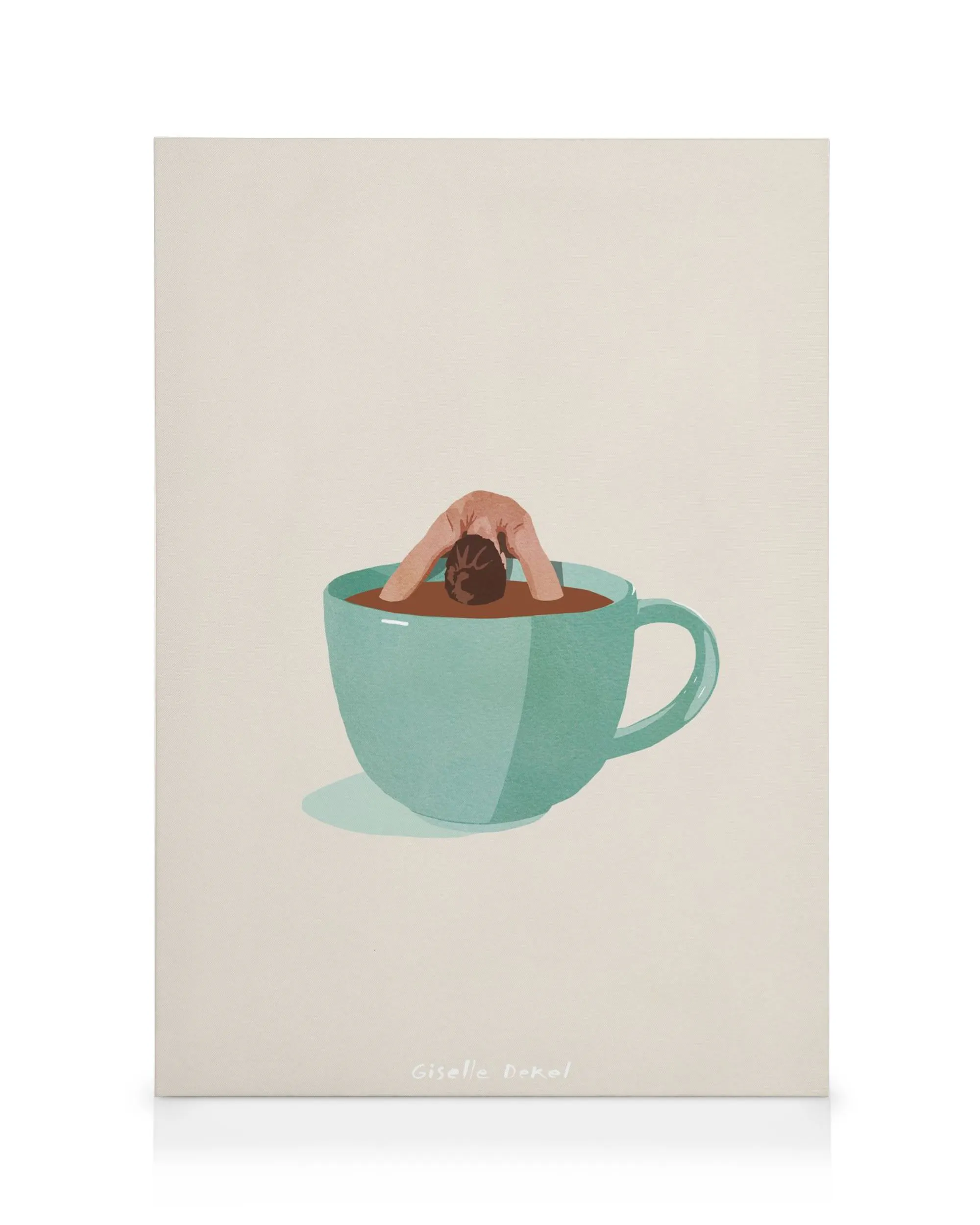 Obraz na plátně Giselle Dekel, žena se noří do šálku kávy, ilustrace ve stylu going deep.