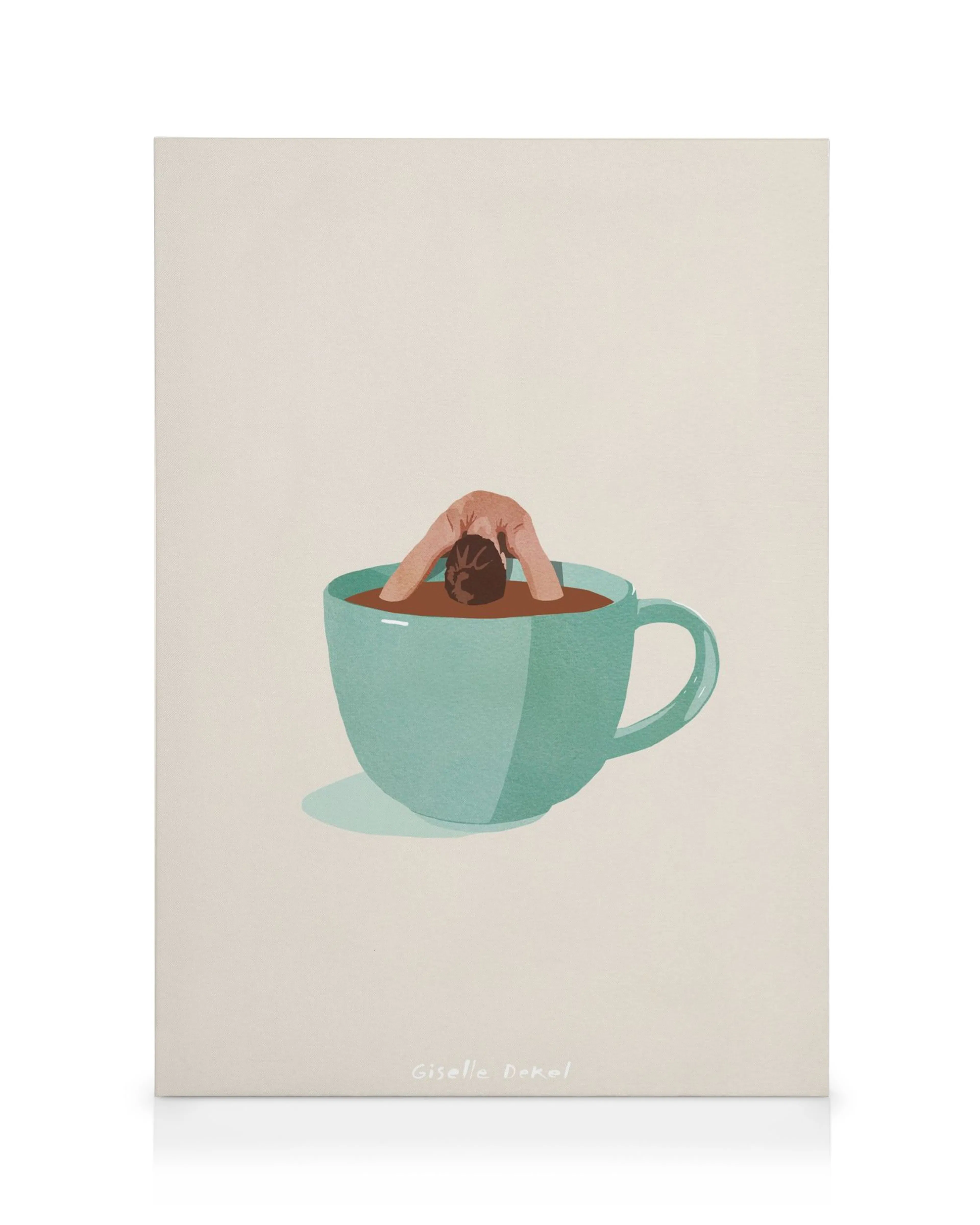 Obraz na plátně Giselle Dekel, žena se noří do šálku kávy, ilustrace ve stylu going deep.
