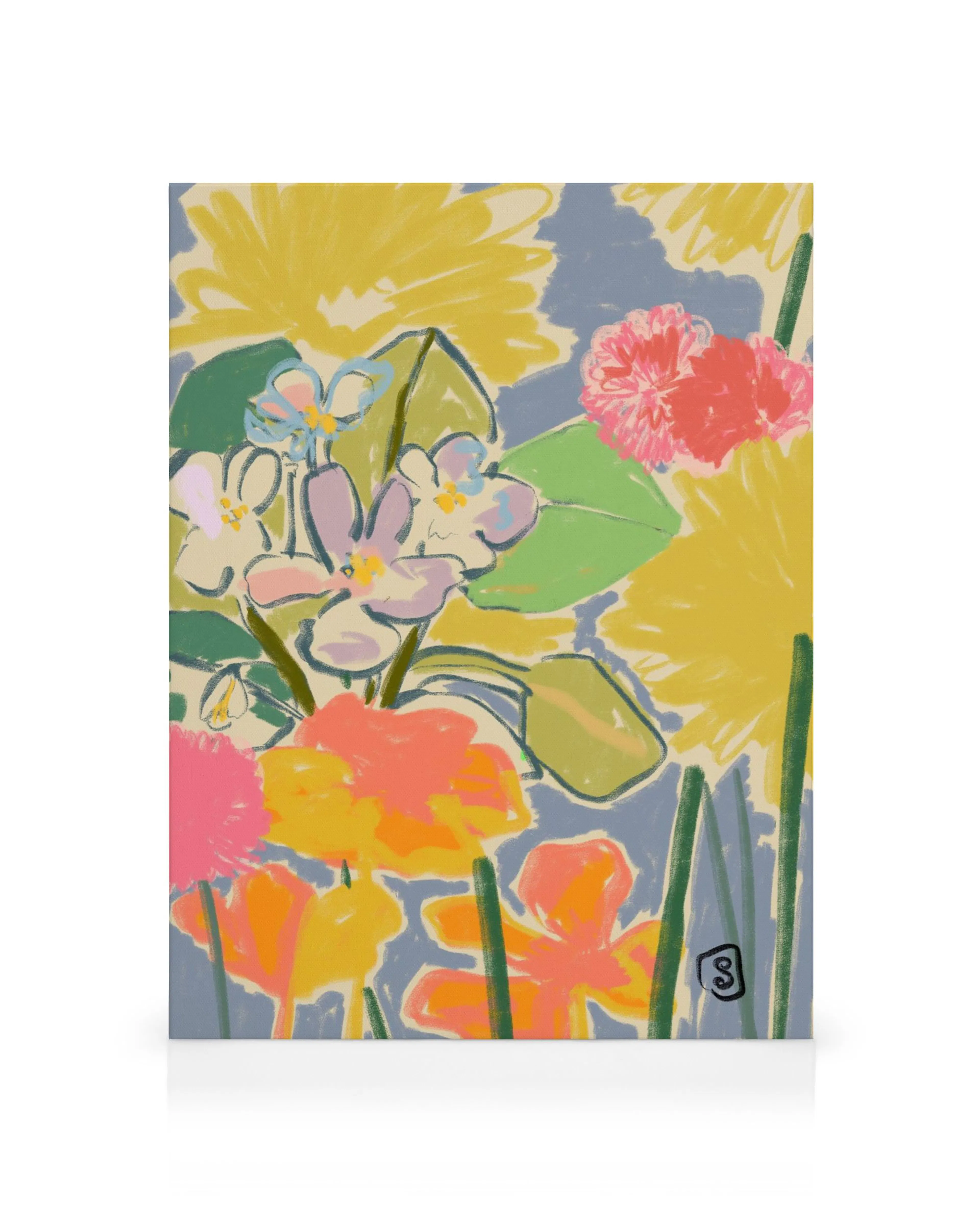 Maleri Morning Garden af Sandra Poliakov, farverige blomster og blade i pastelfarver på lyseblå baggrund. Blomsterkunst.