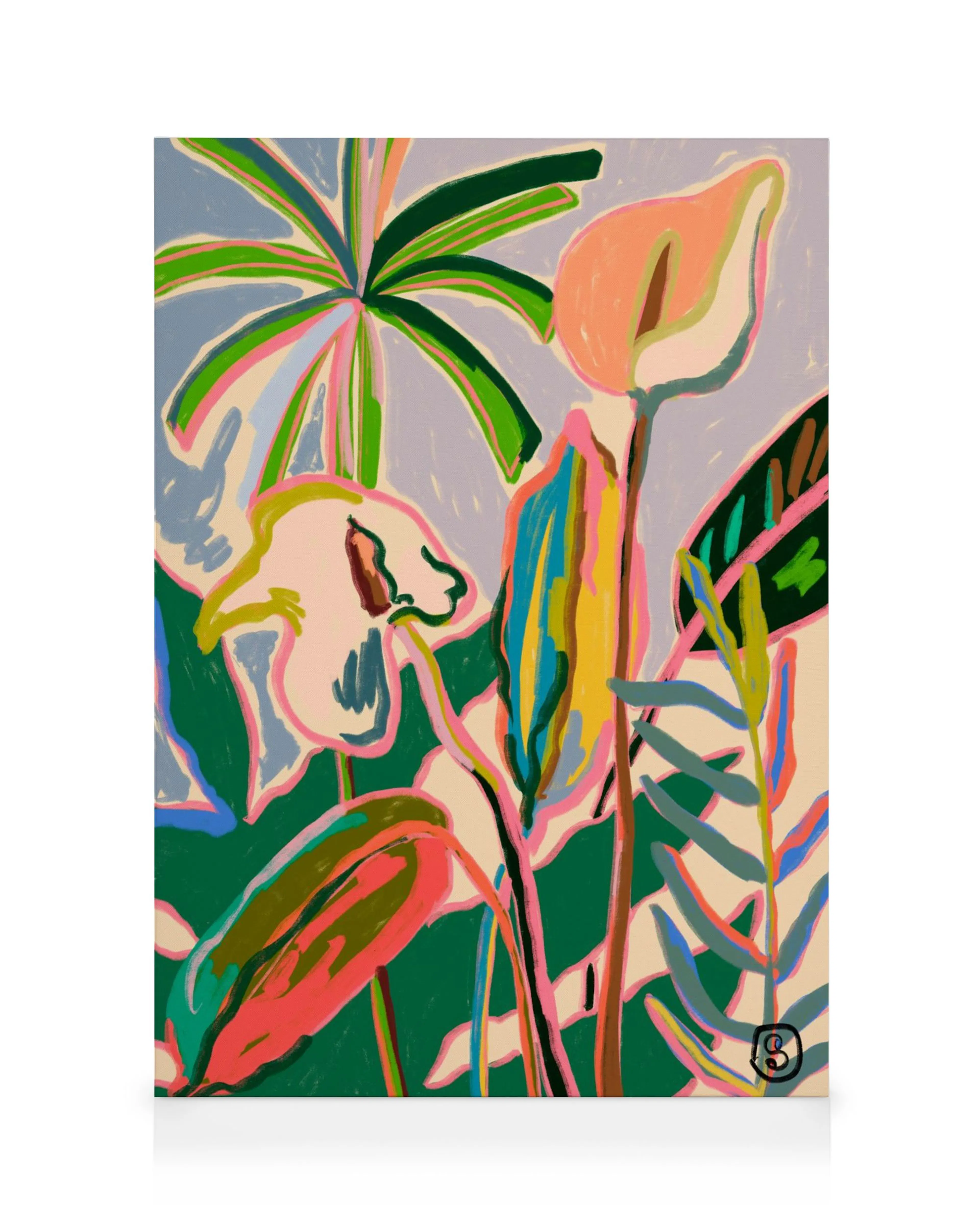 Obraz Peace Lily Sandra Poliakov, moderní stylizované lilie a tropické listy v jasných barvách na plátně.