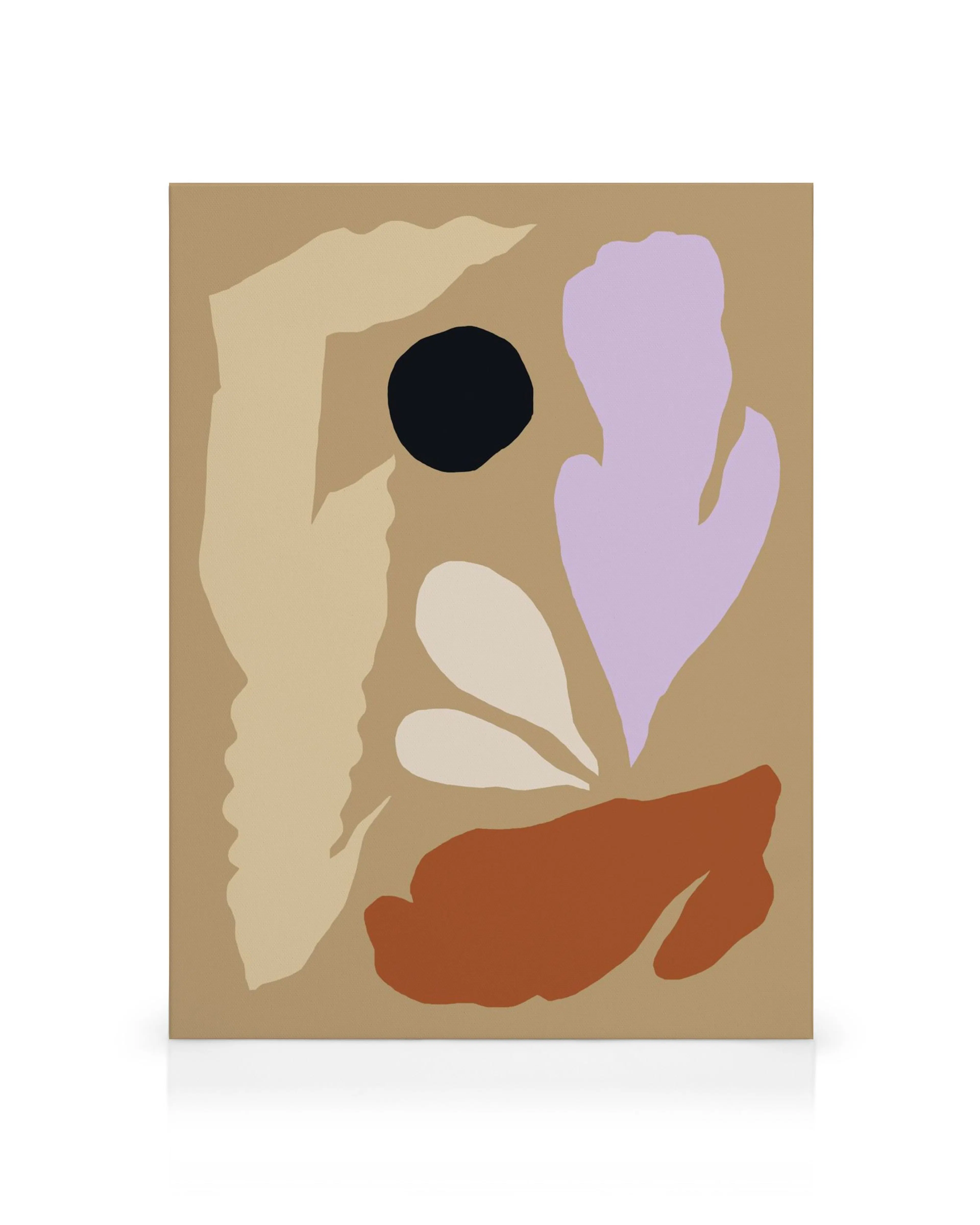 Abstract canvas print with organic shapes in beige, black, purple, white, and brown on a light background.