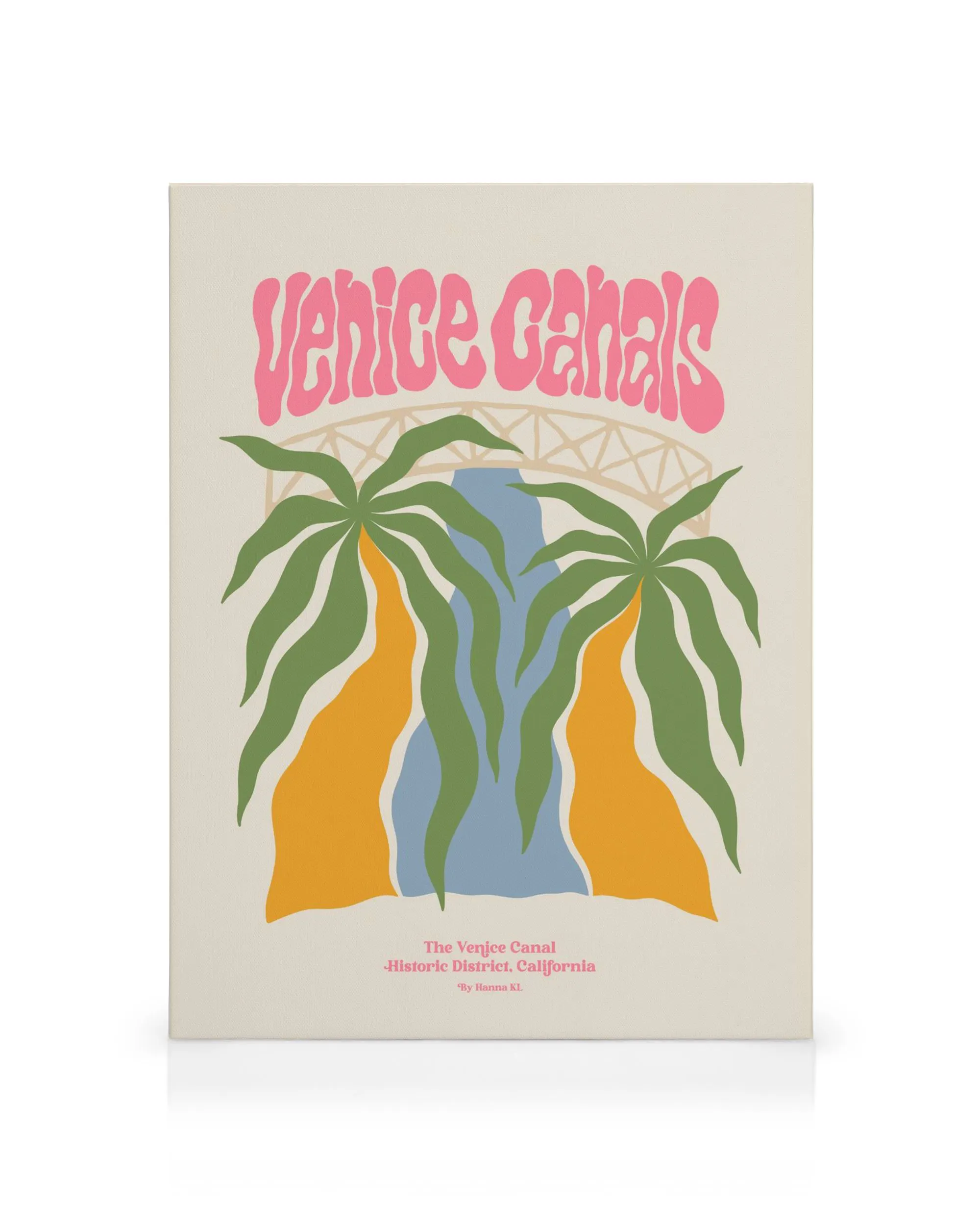 Toile graphique des canaux de Venise en Californie, avec typographie, palmiers et pont, en orange, vert, rose et bleu.