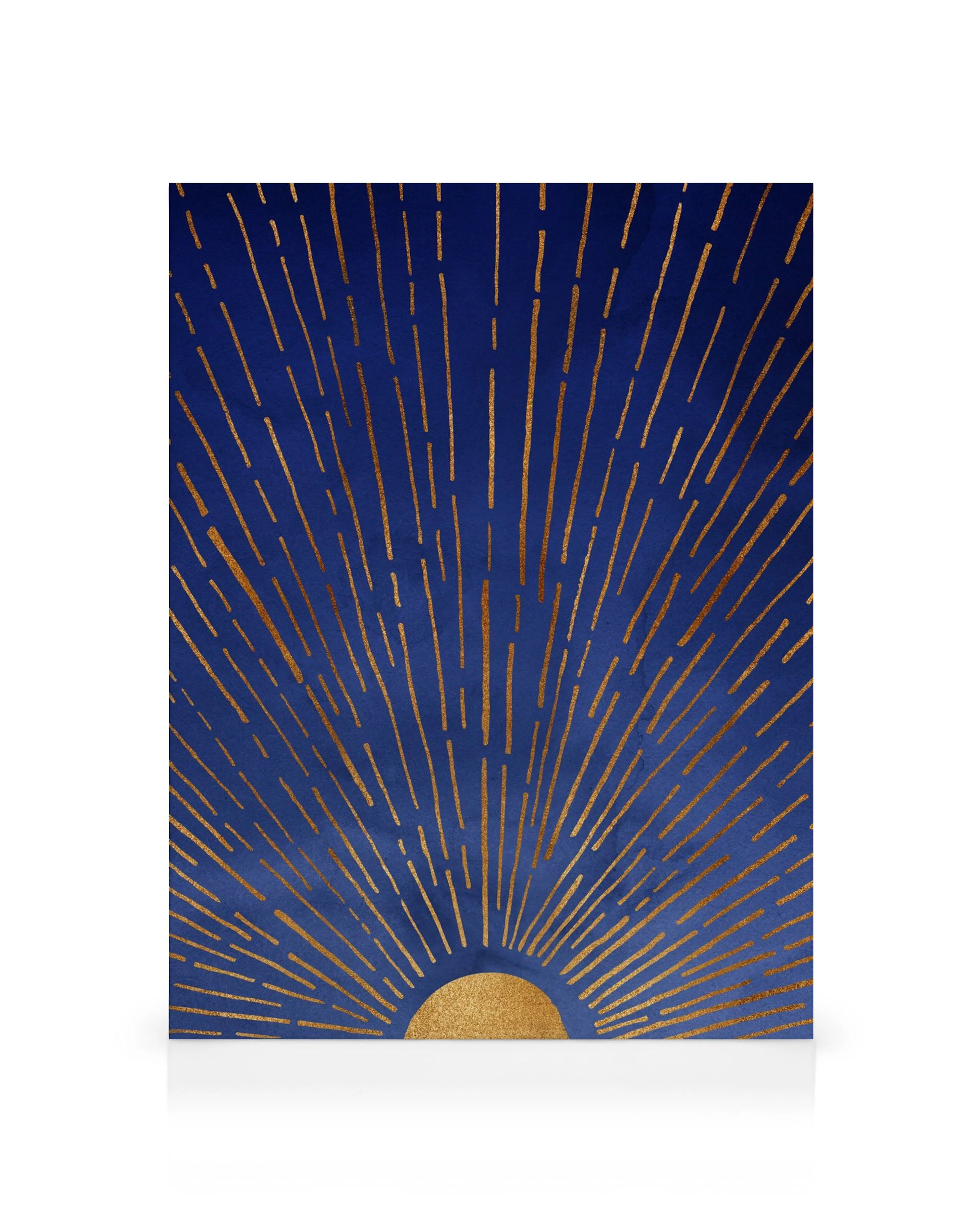 Kristian Gallagher Twilight Blue and Metallic Gold Sunrise canvas print, abstract art with radiating lines.