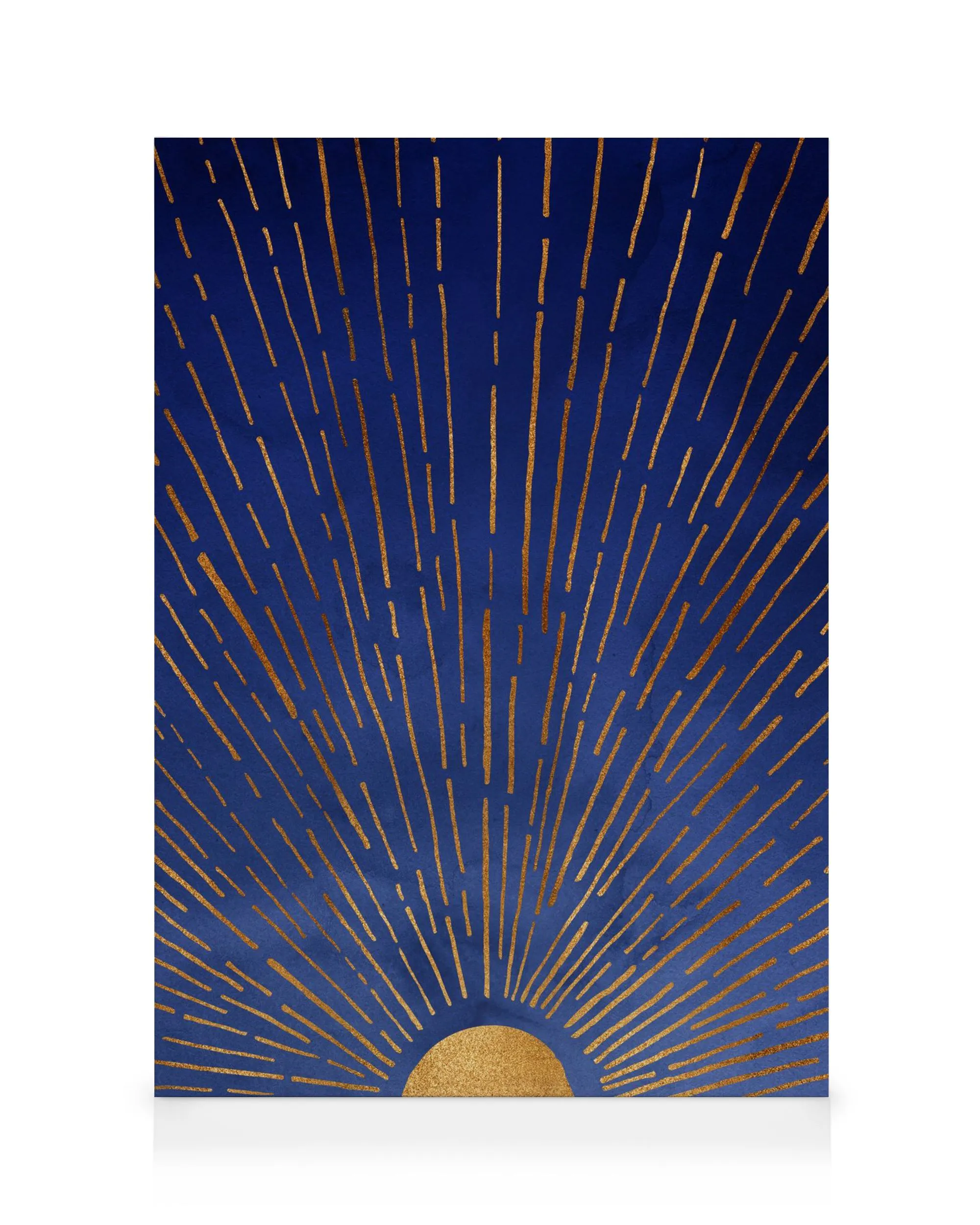 Twilight Blue and Metallic Gold Sunrise canvas print with radiant gold lines on a deep blue background, abstract wall art.