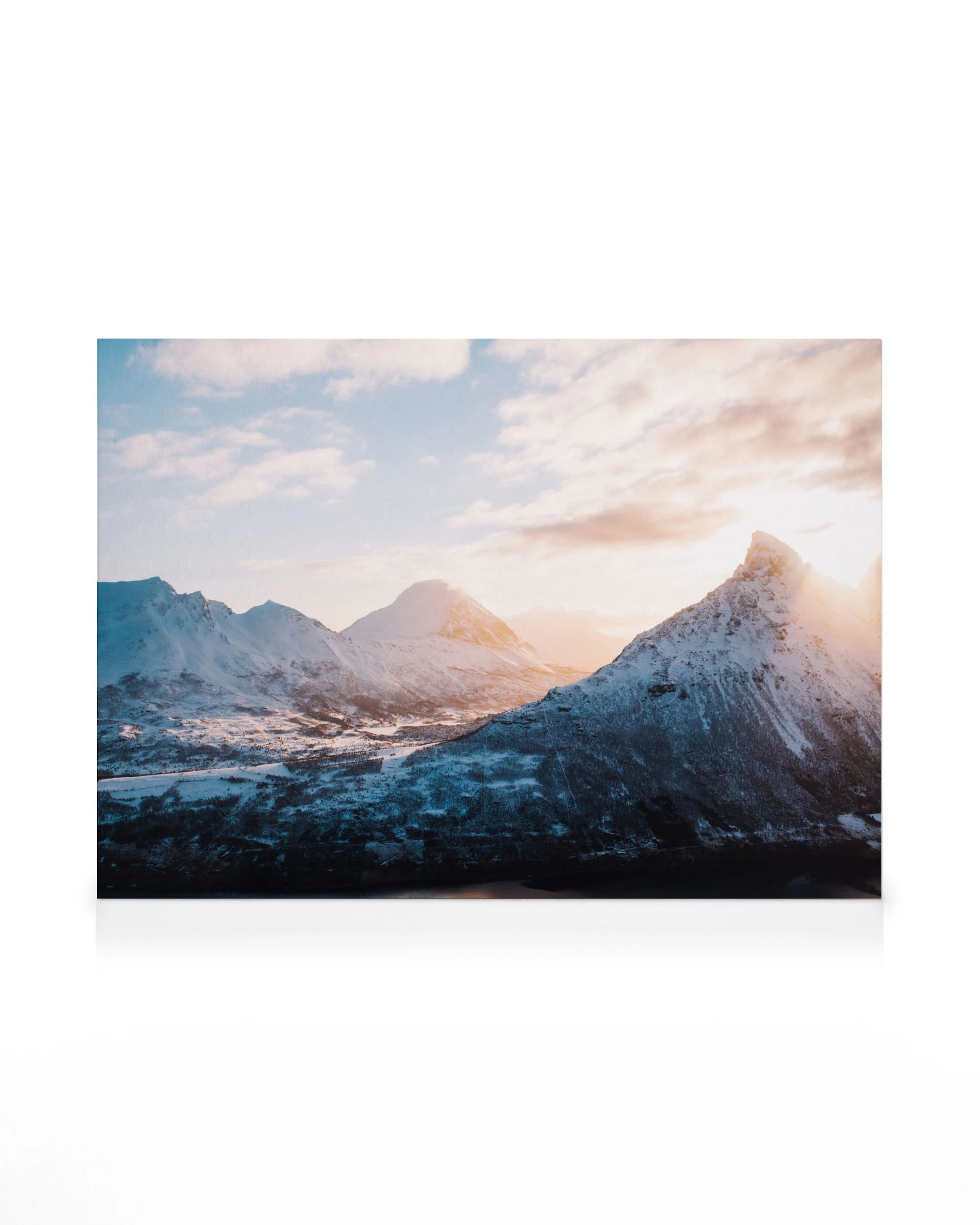 Alps Canvas print, snowy mountain landscape with blue, white, and orange tones, sunlit peak, and tranquil scene.