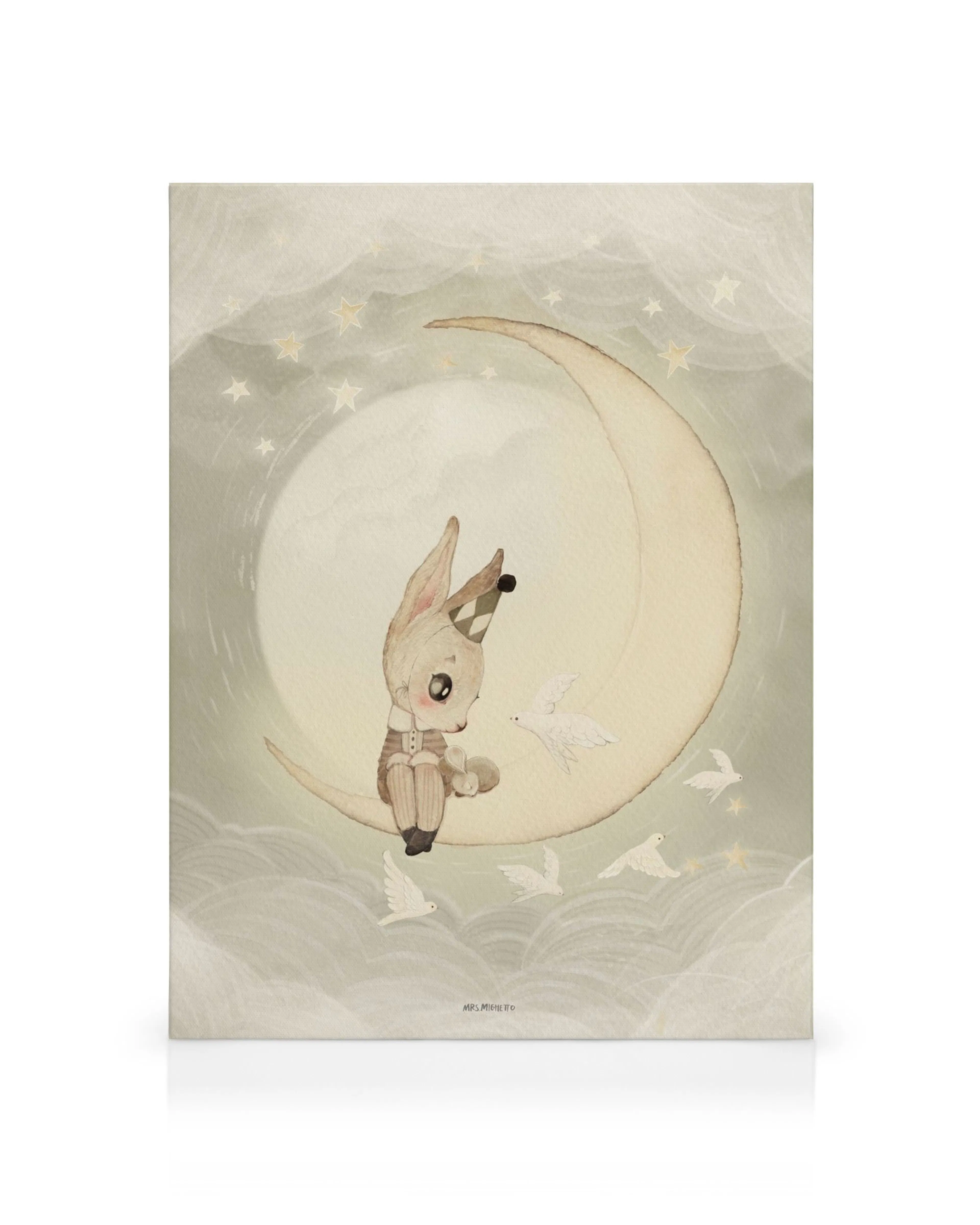Leinwandbild: Hase mit Partyhut auf Halbmond, umgeben von weißen Tauben und Sternen, Aquarellstil