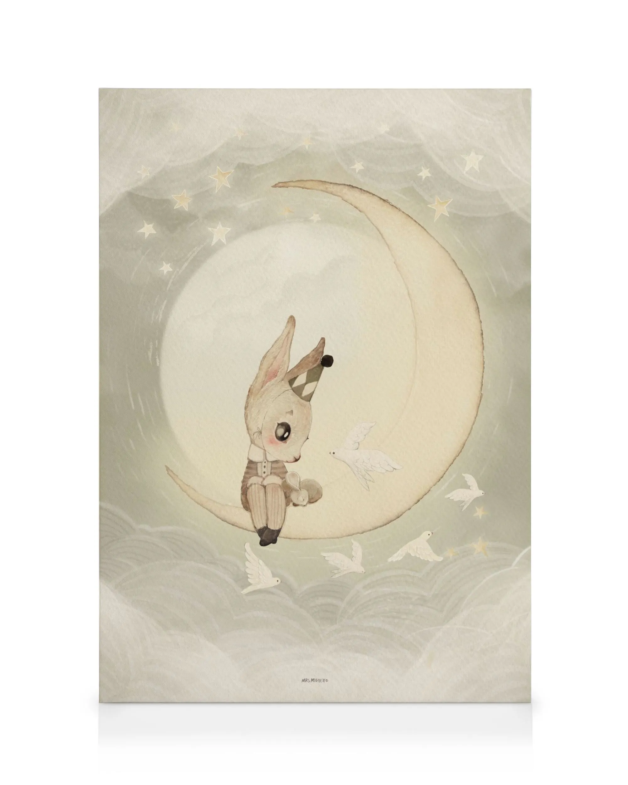 Canvas met schattig konijn op halve maan, omringd door vogels, sterren en wolken voor kinderkamer.