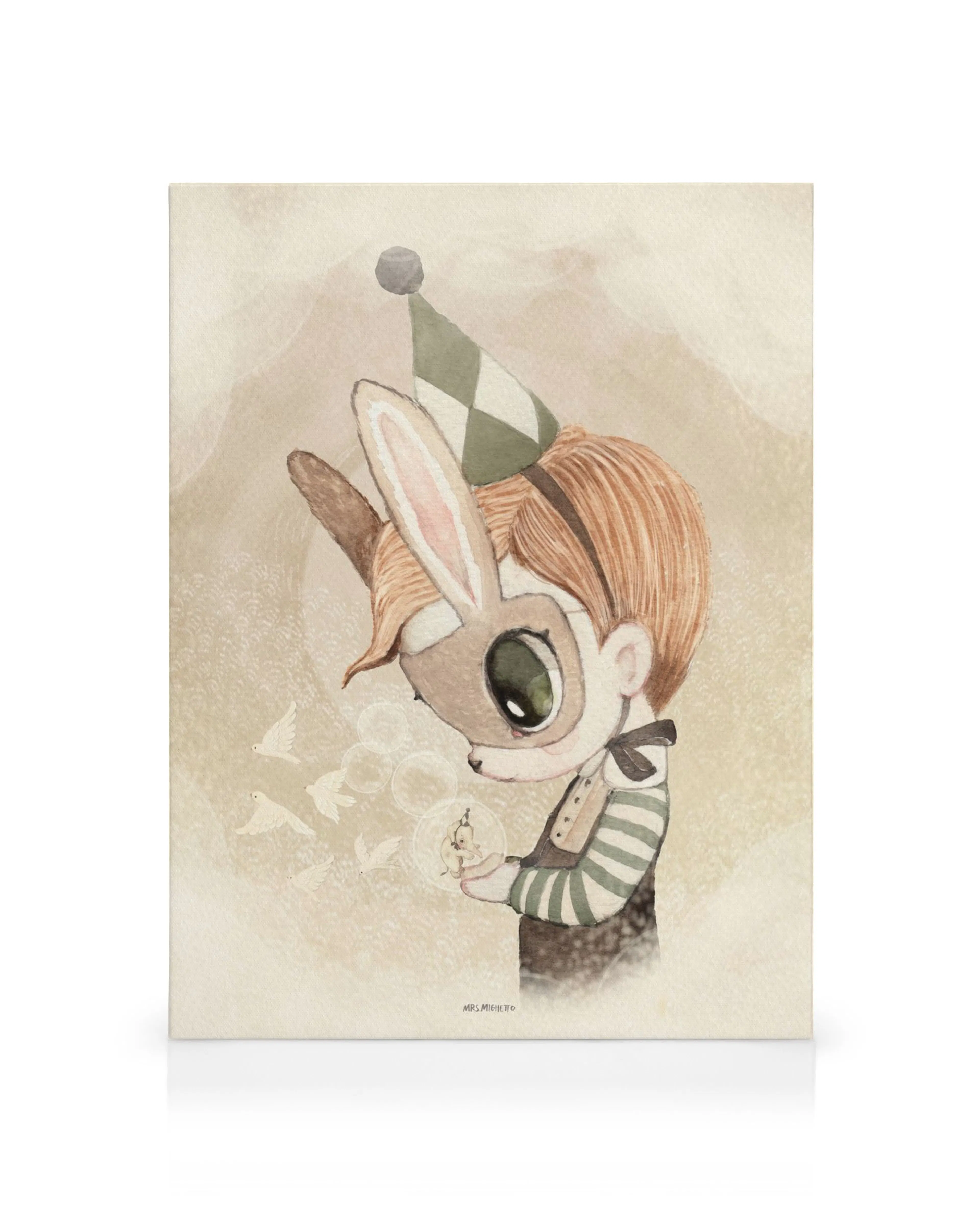 Aquarell-Leinwandbild: Junge mit Hasenmaske, grünem Hut und braunen Haaren, der kleine weiße Vögel aus einer Glaskugel freilässt