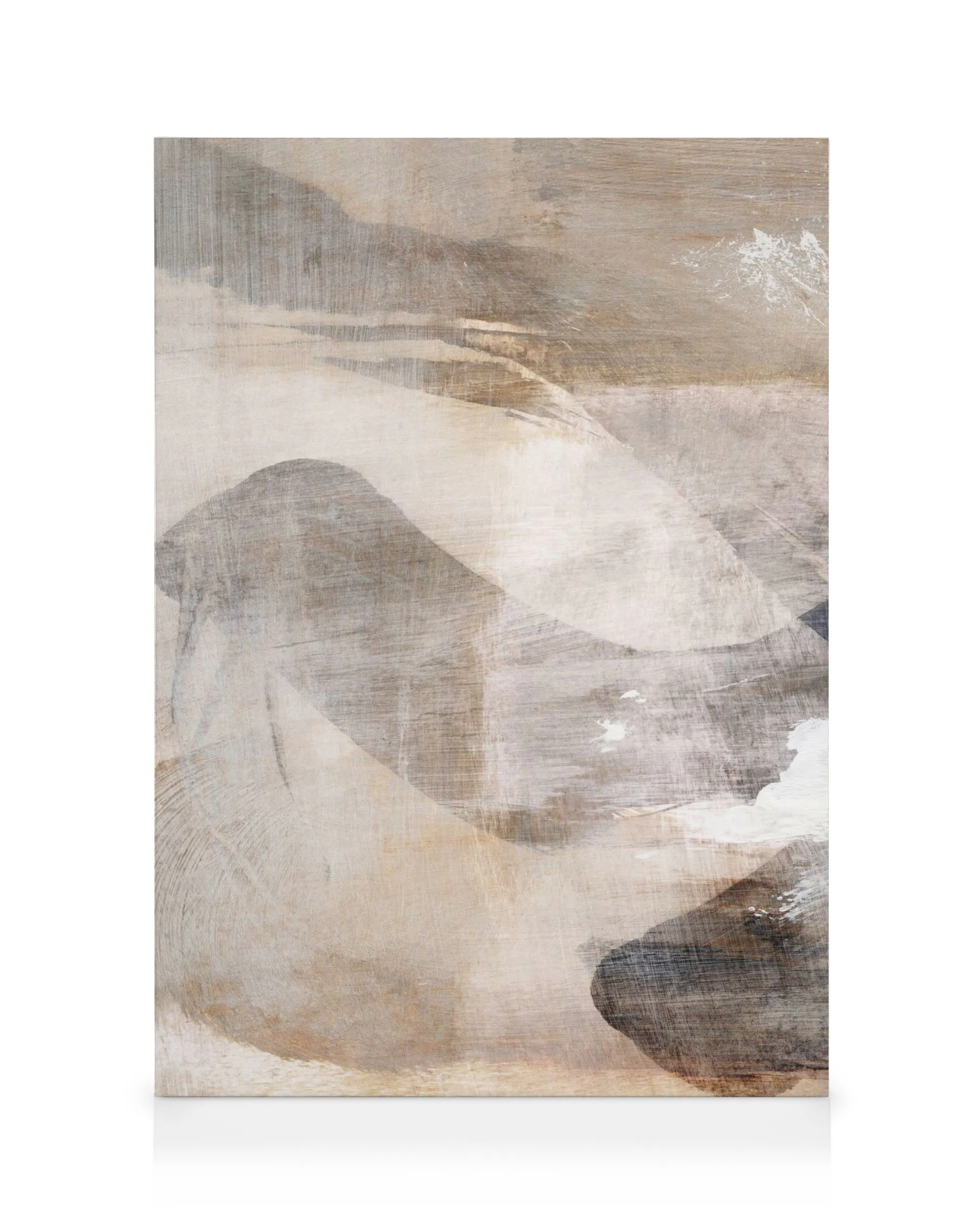 Quadro em tela abstrato com pinceladas amplas nas cores bege, branco, cinzento e preto, criando efeito texturizado