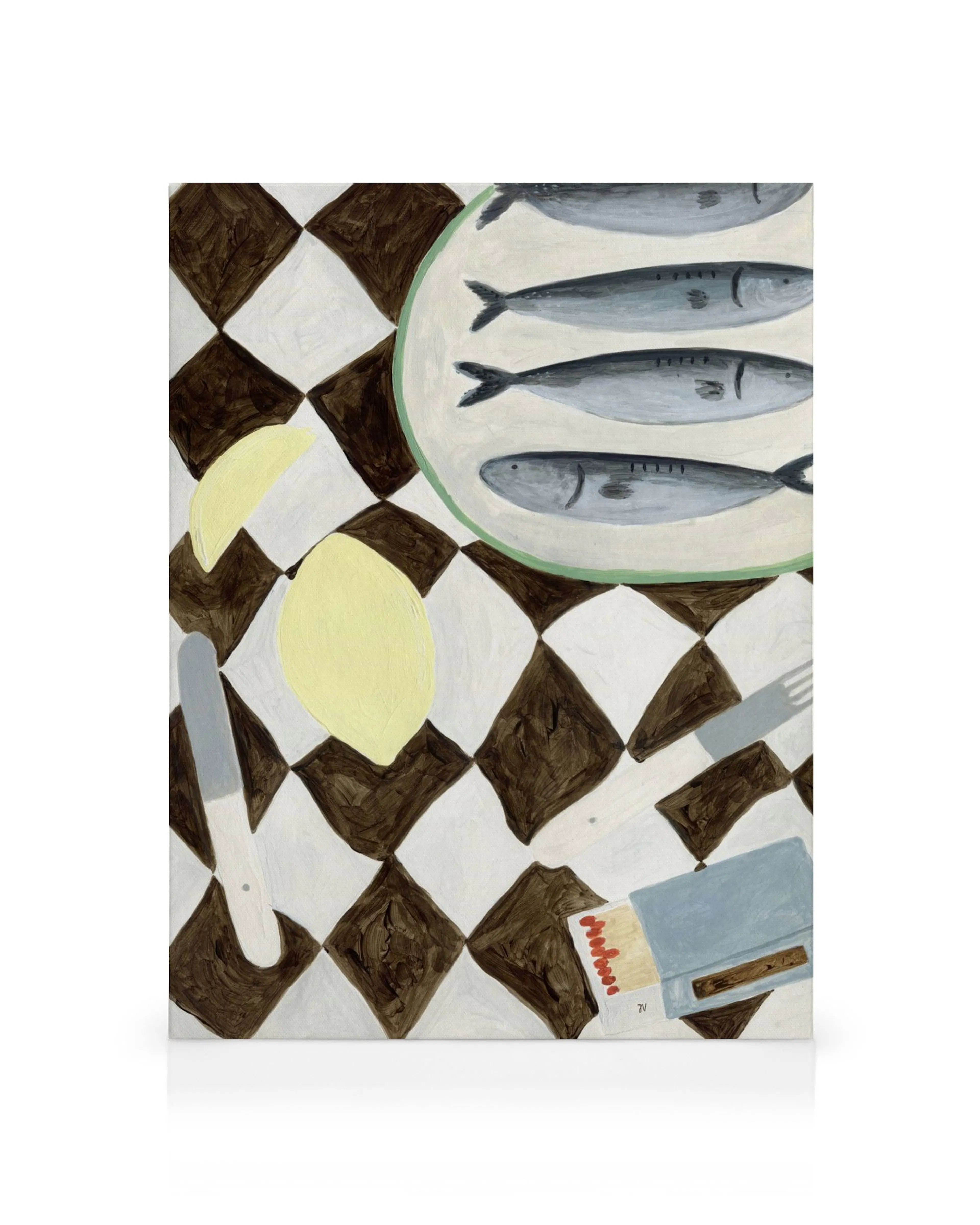 Isabelle Vandeplassche Leinwandbild mit Fischen, Zitrone, Besteck und Streichhölzern auf einem karierten Tischtuch.