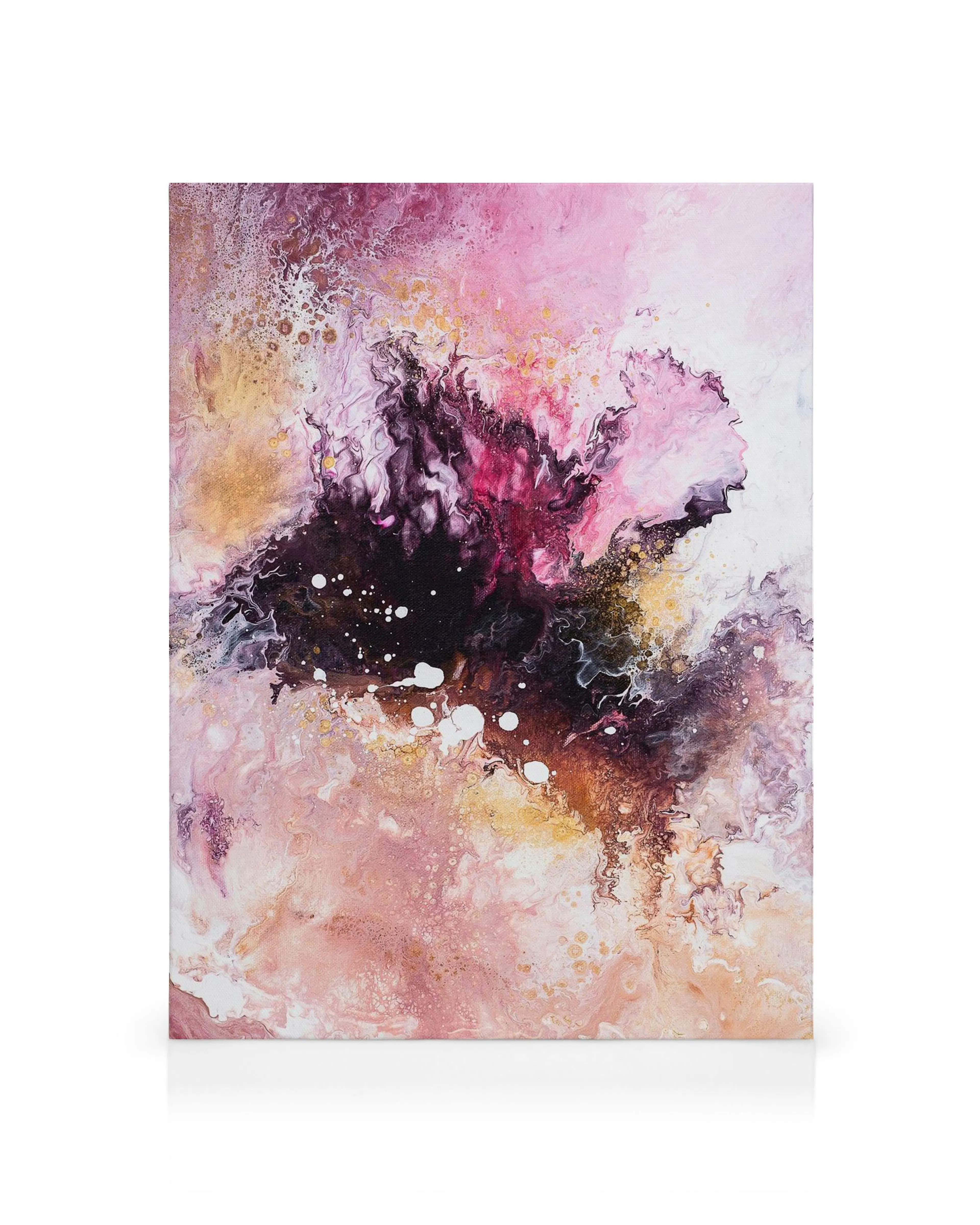 Sofia Larssons Pink Galaxy canvas print, an abstract fluid art piece with swirling pink, black, and gold paint resembling a cosm