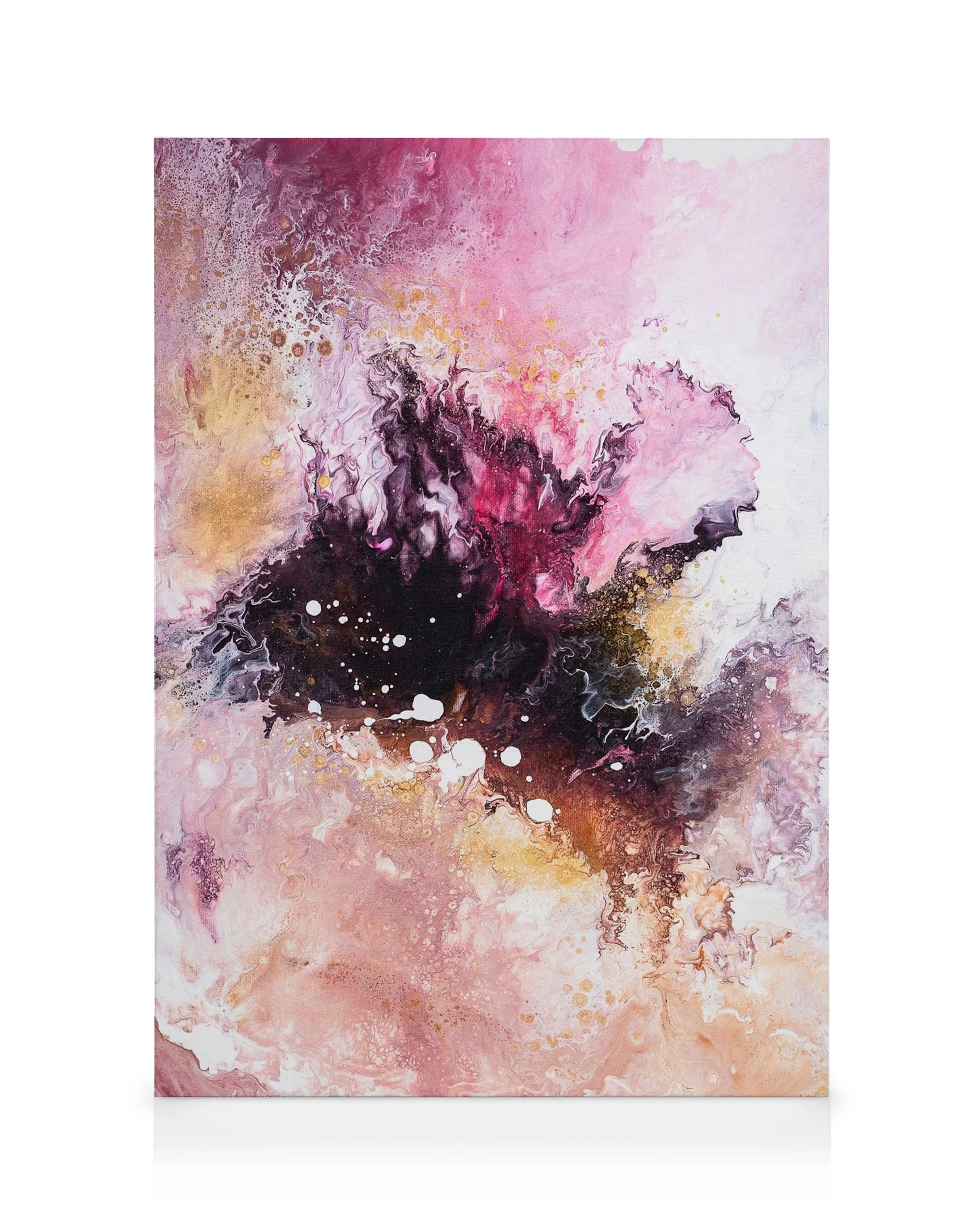 Abstract fluid art canvas in pink, purple, black, and gold tones, resembling a cosmic nebula or galaxy.