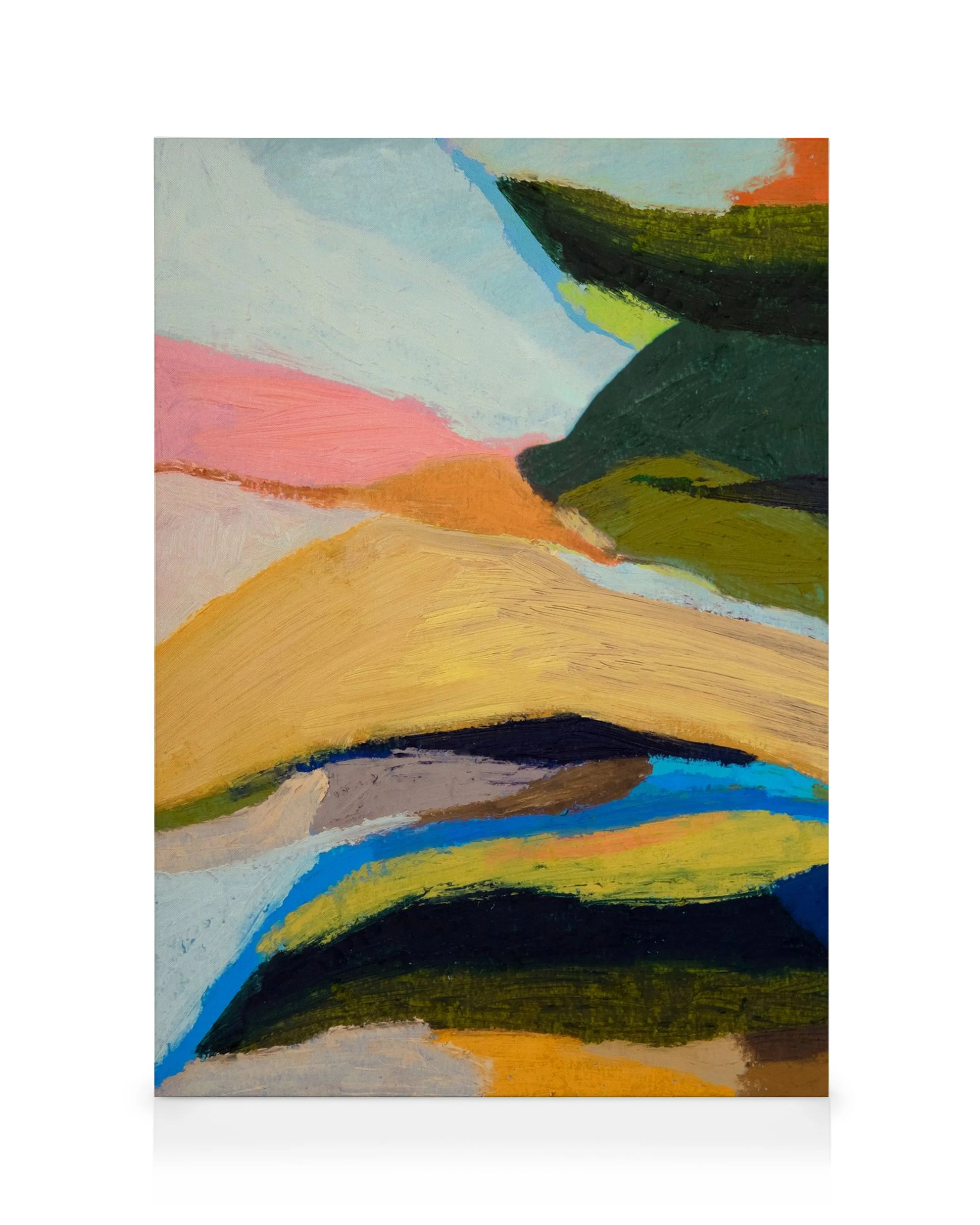 Leigh Viner Fife Arms Leinwandbild, abstrakte Landschaft in Gelb, Grün, Blau, Rosa und Schwarz, dicke Pinselstriche.