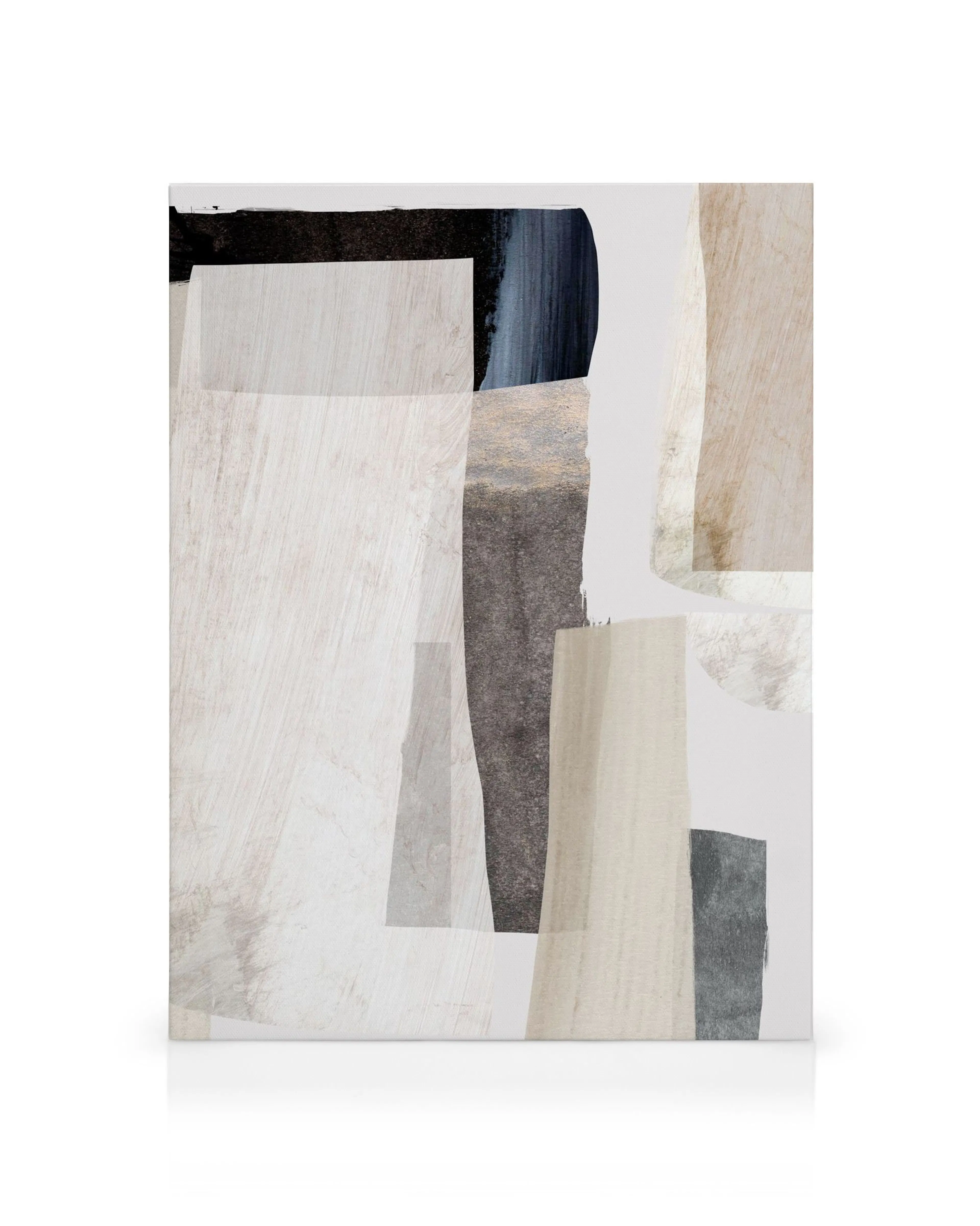 Dan Hobday Clay Leinwandbild mit abstrakten Formen in Schwarz, Beige, Grau und Cremeweiß, mit sichtbarer Pinselstruktur