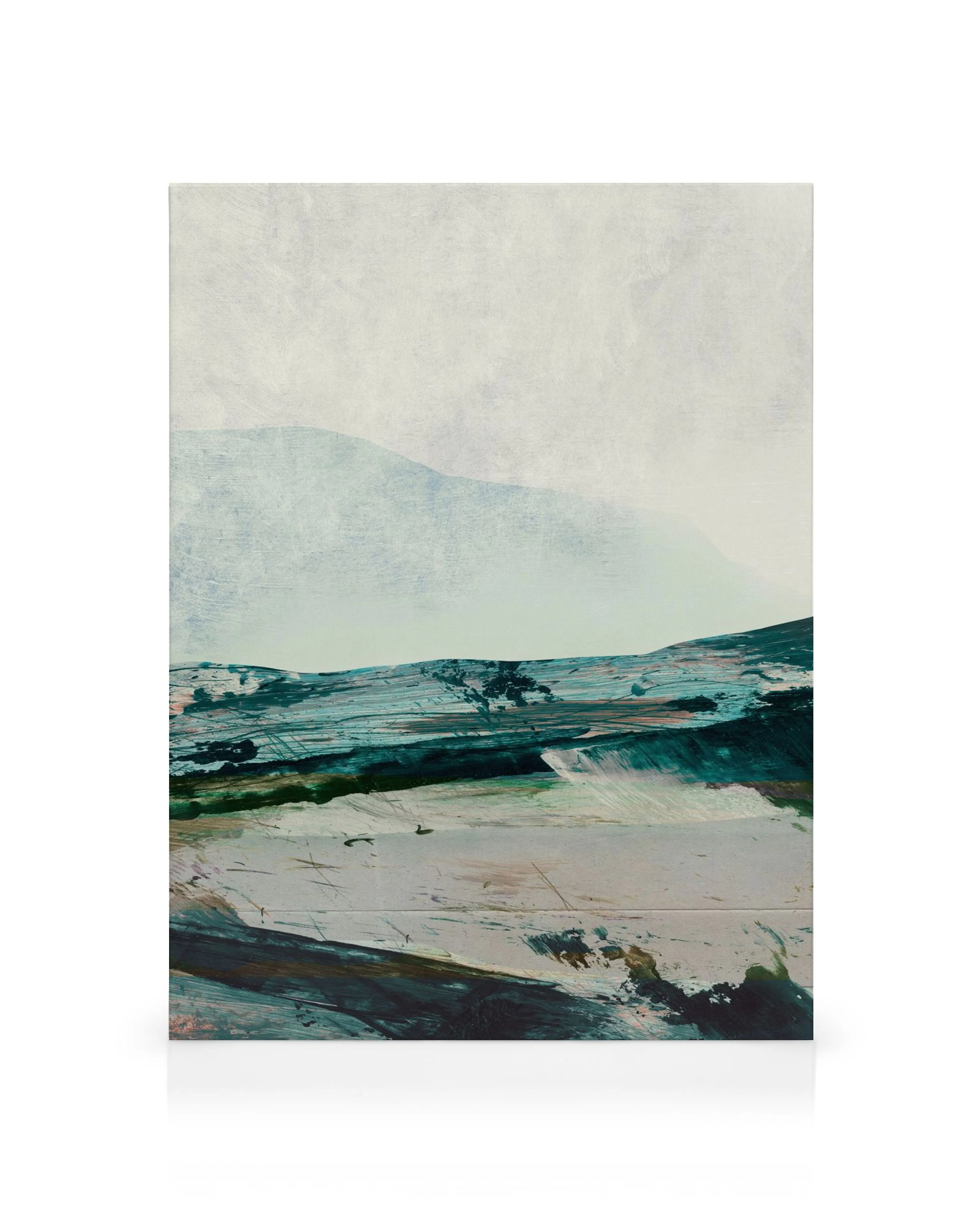 Dan Hobday Land Ahoy No1 canvas print, a serene abstract landscape in muted tones of blue, green, and grey.