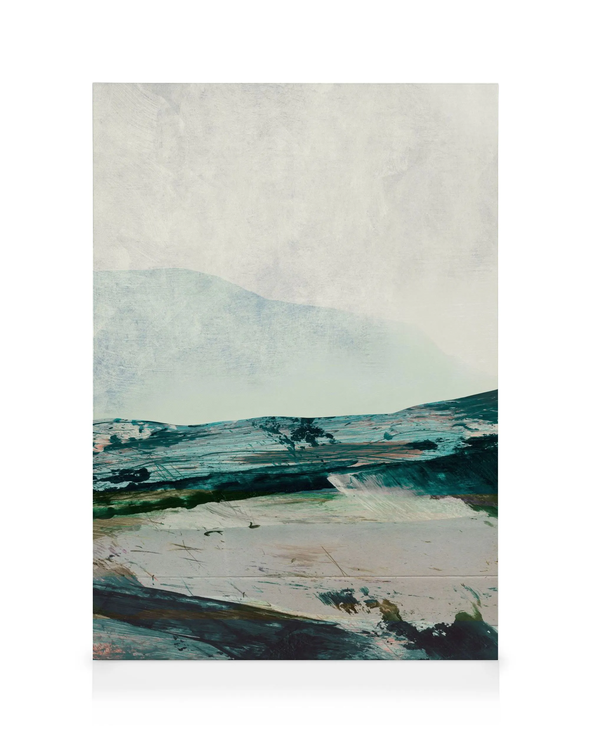 Dan Hobday Leinwandbild zeigt eine abstrakte Landschaft mit weißen Bergen und dunklen, grünen Pinselstrichen, die Wasser und Lan