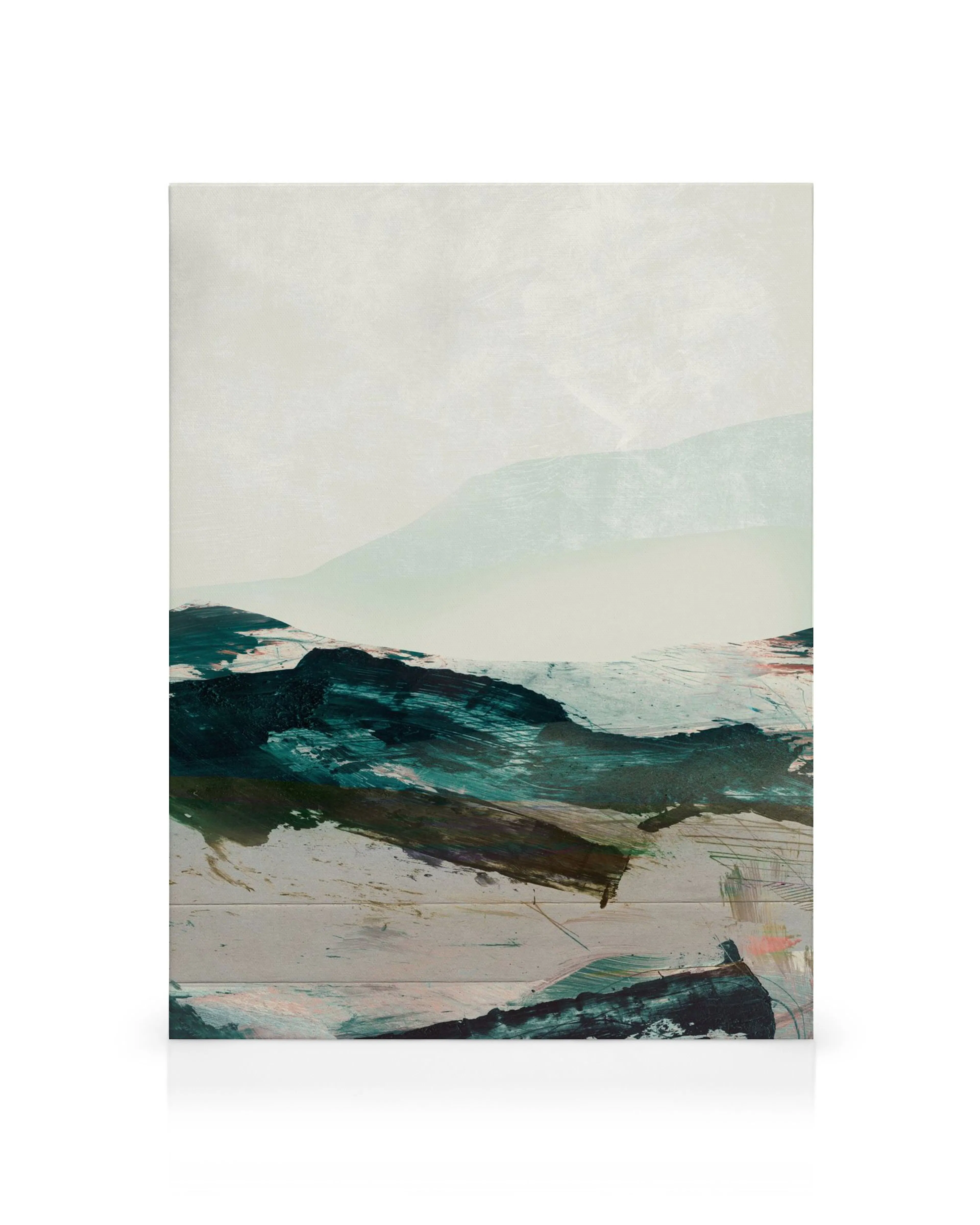 Abstract landscape canvas art, Dan Hobdays Land Ahoy No2, featuring teal, blue, and white brushstrokes depicting distant hills.