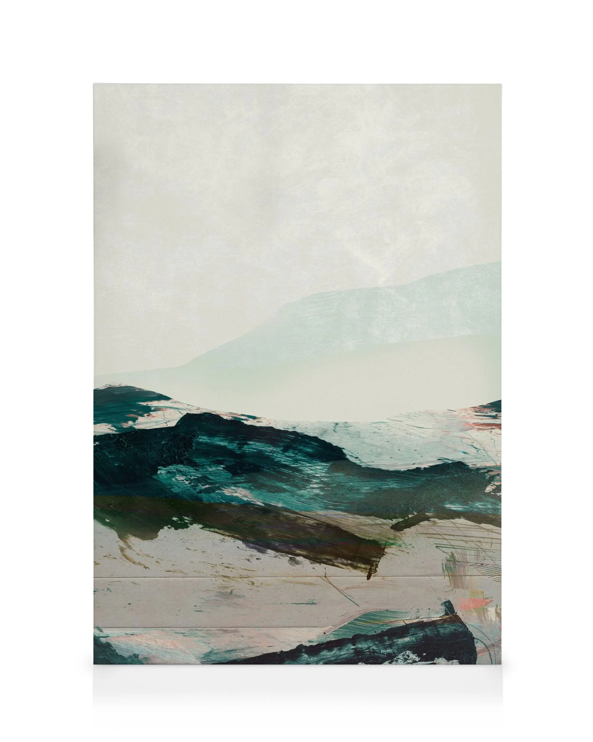 Abstract landscape canvas art, Dan Hobdays Land Ahoy No2, featuring teal, blue, and white brushstrokes depicting distant hills.