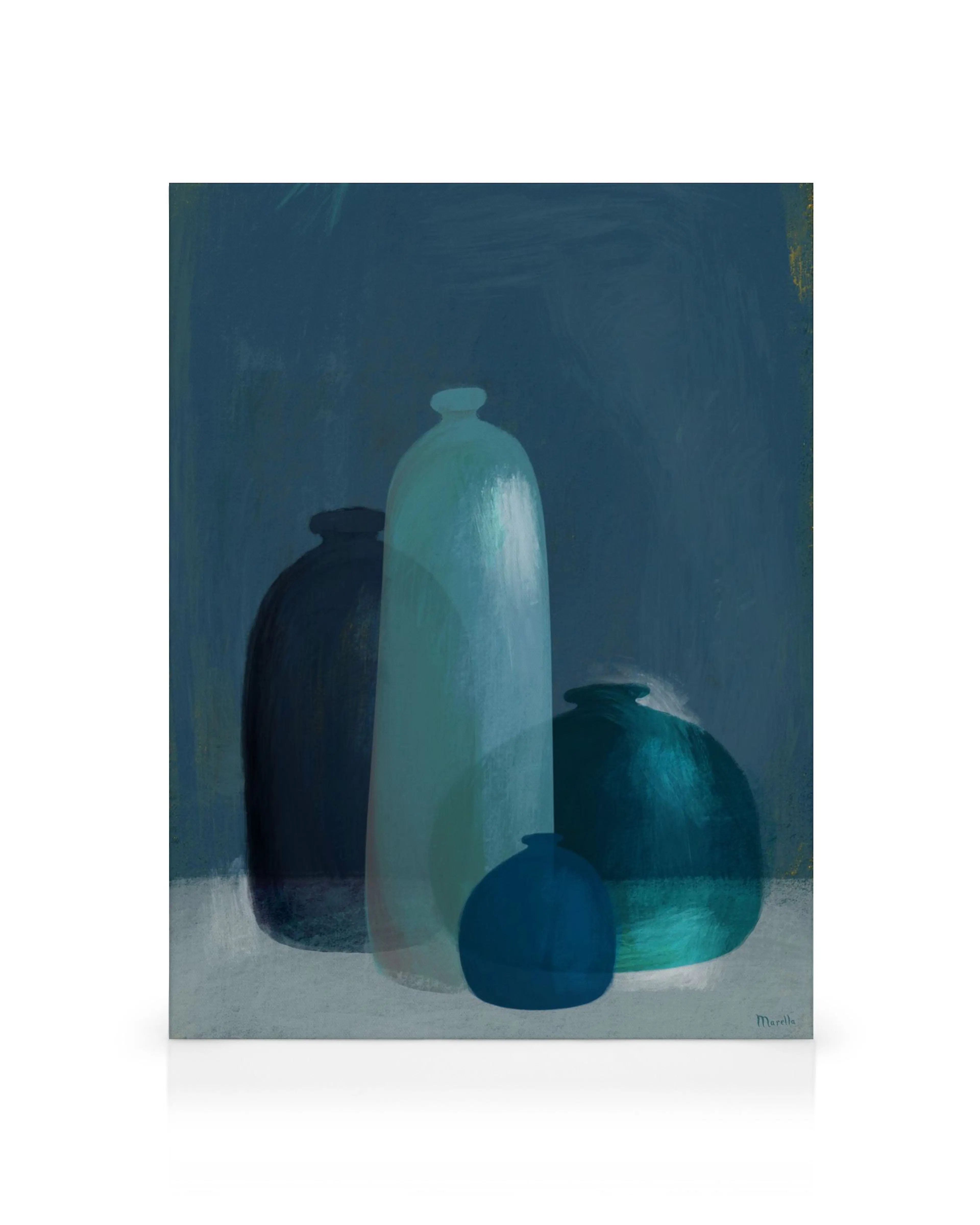Still life canvas print by Marco Marella featuring blue glass vases in various shapes and shades of blue, with a textured backgr