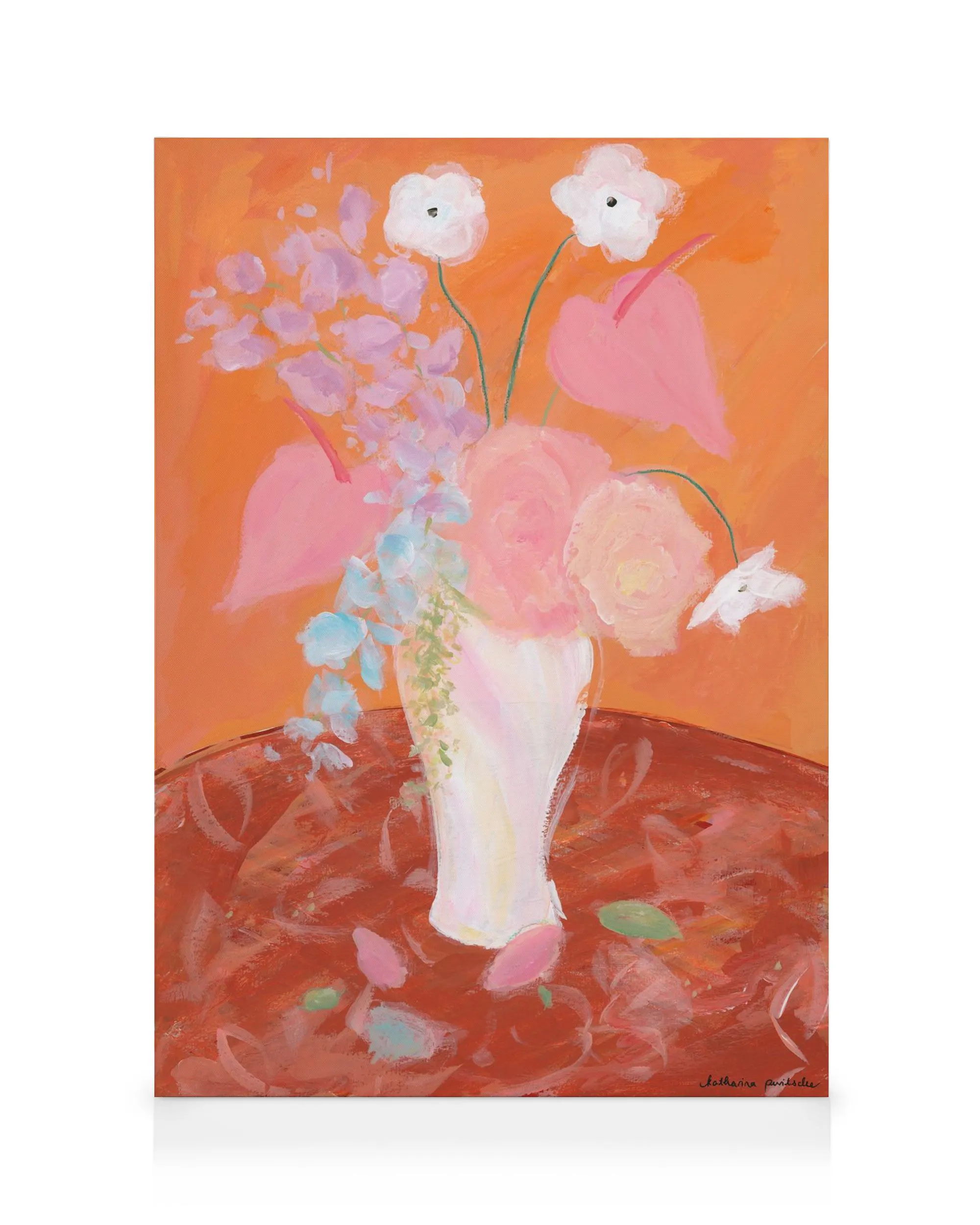 Vibrant floral painting by Katharina Puritscher, featuring flowers in a vase on an orange background, perfect for canvas wall ar