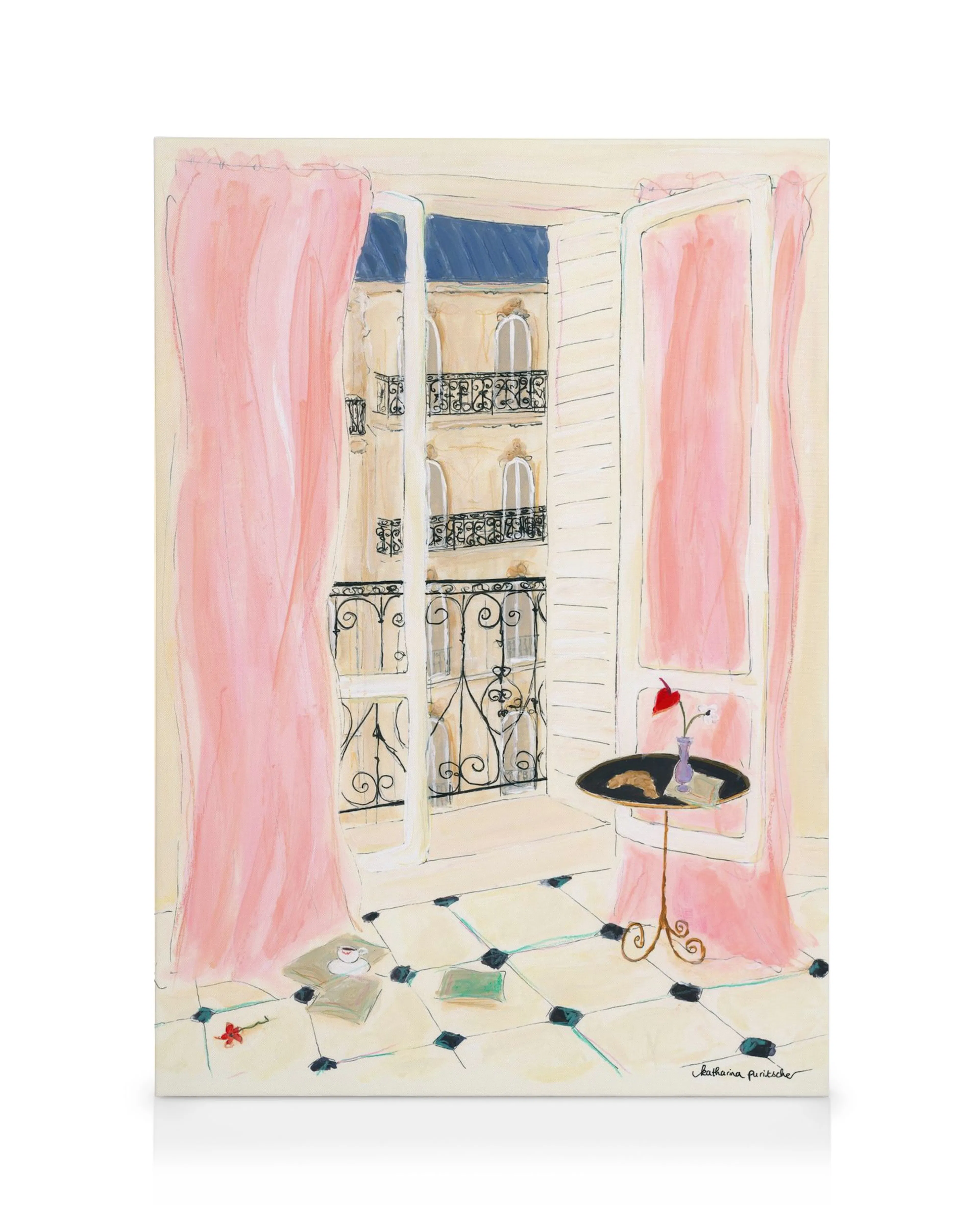 Canvas print of open window with pink curtains, balcony, table with croissant, and book.