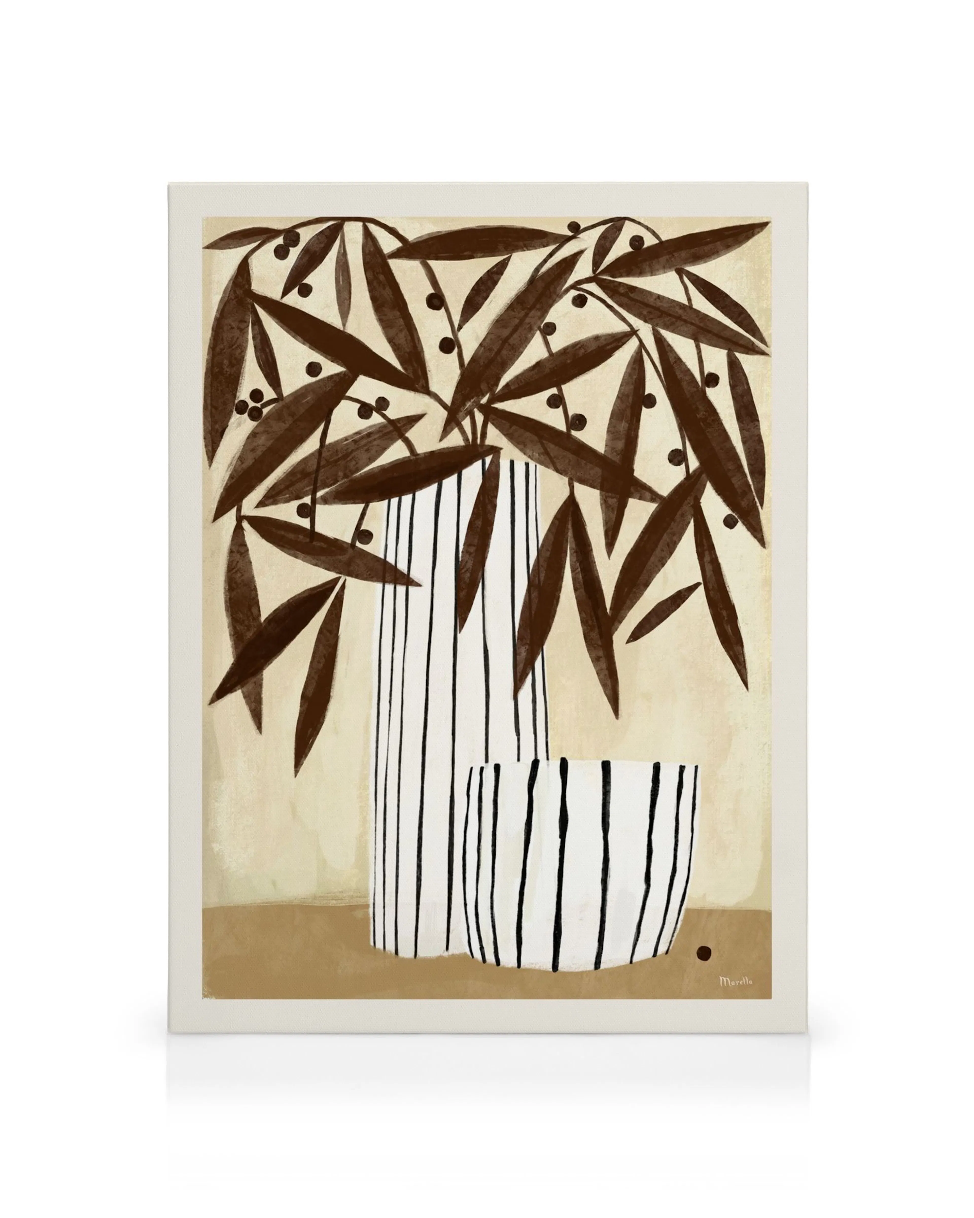 Stylized dry flowers in a striped vase, modern botanical canvas print.