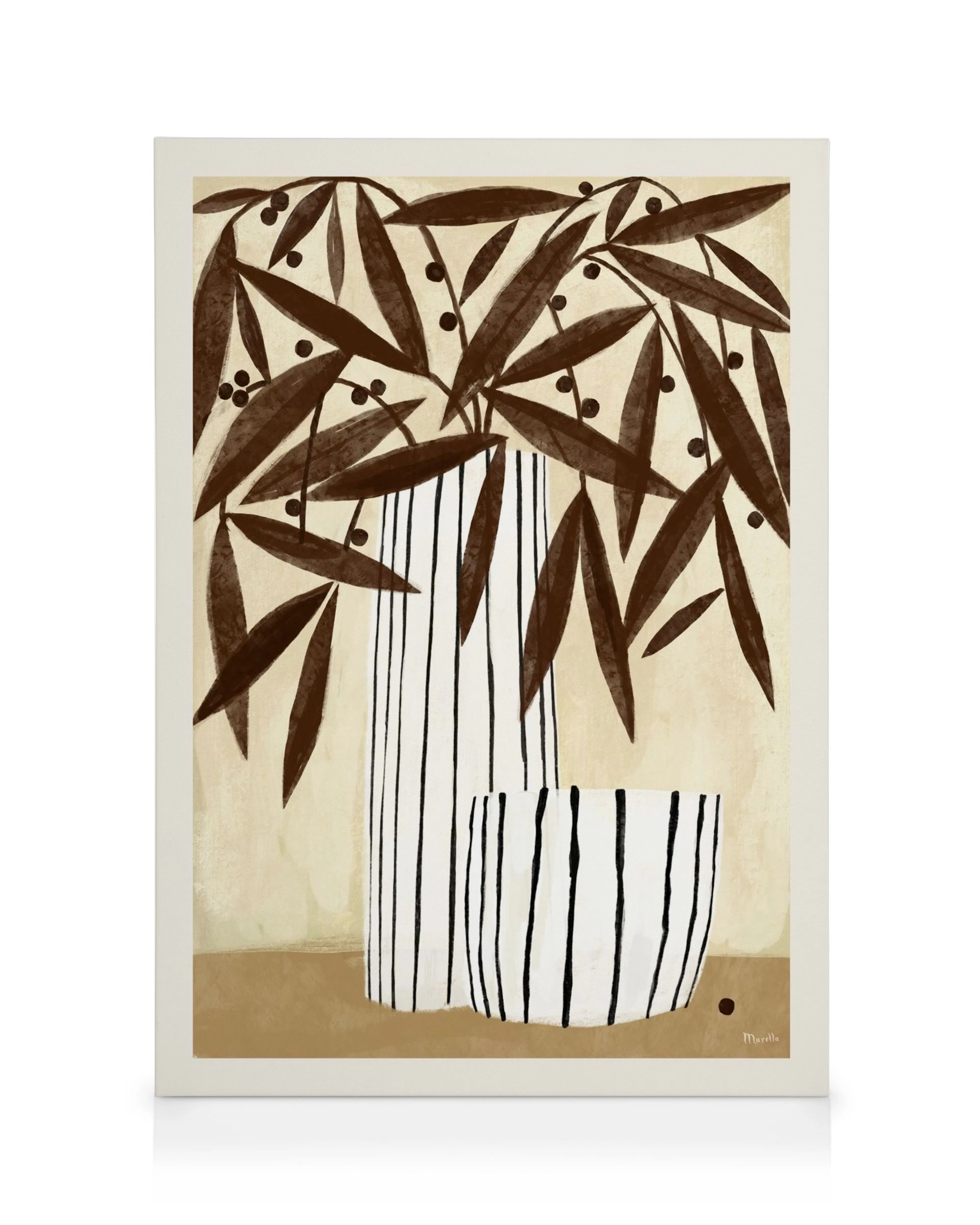 Toile abstraite fleur séchée avec feuilles marron et baies noires dans des vases rayés sur fond beige