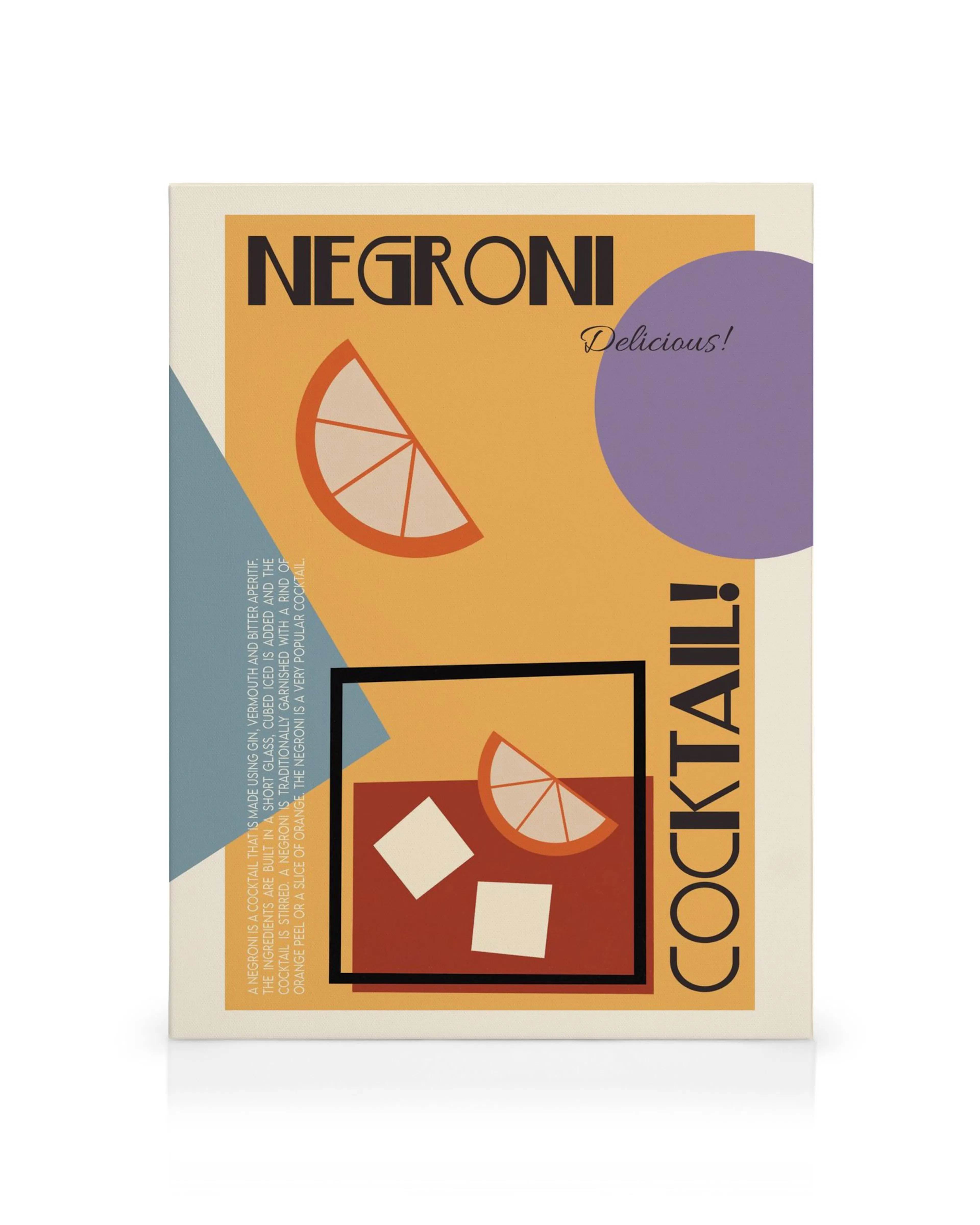 Negroni cocktail lærred, retro kunst med orange skiver, isterninger og tekst i varme farver.