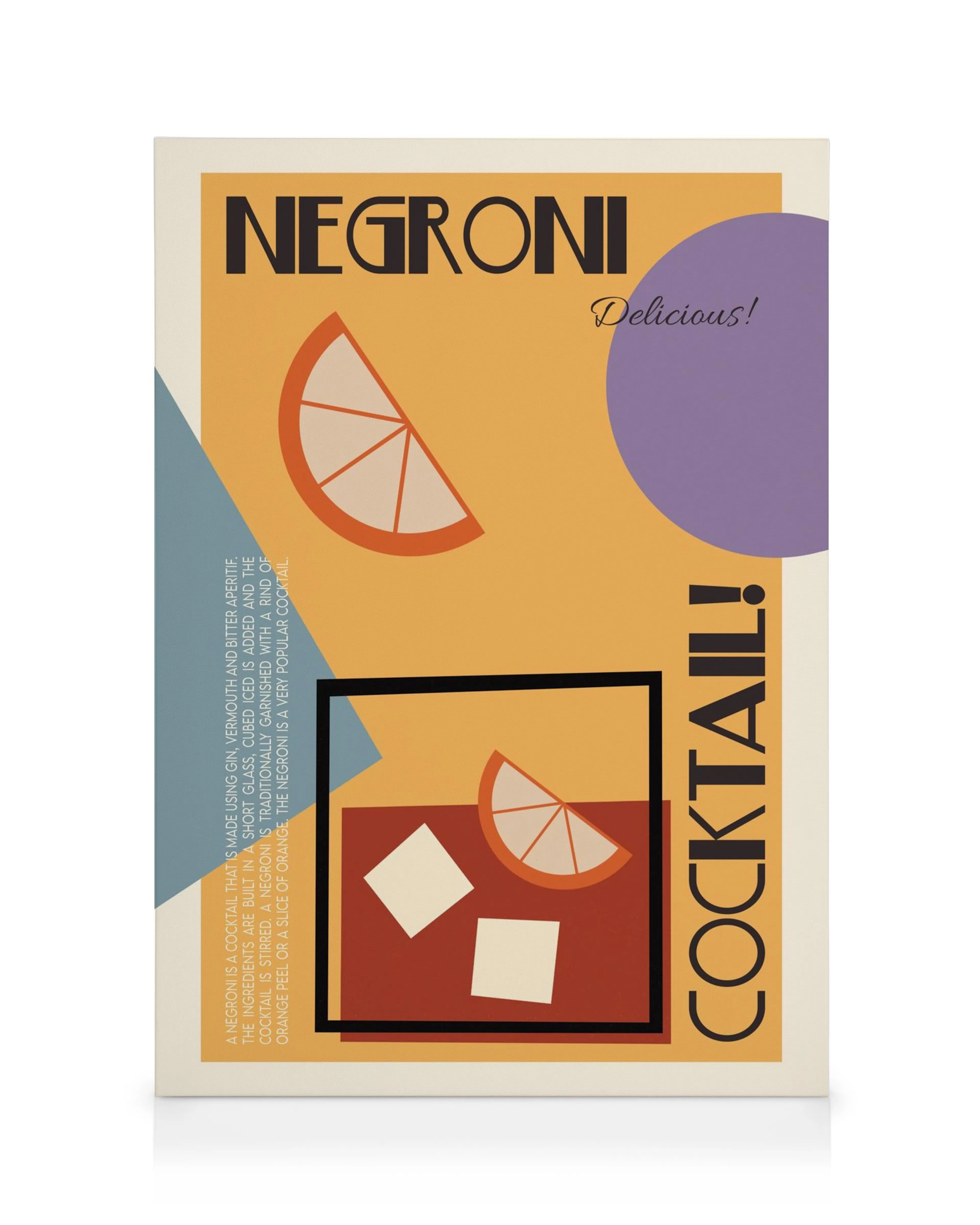 Stampa su tela Negroni con illustrazione grafica, fetta darancia, cubetti di ghiaccio e bicchiere cocktail su sfondo brillante.
