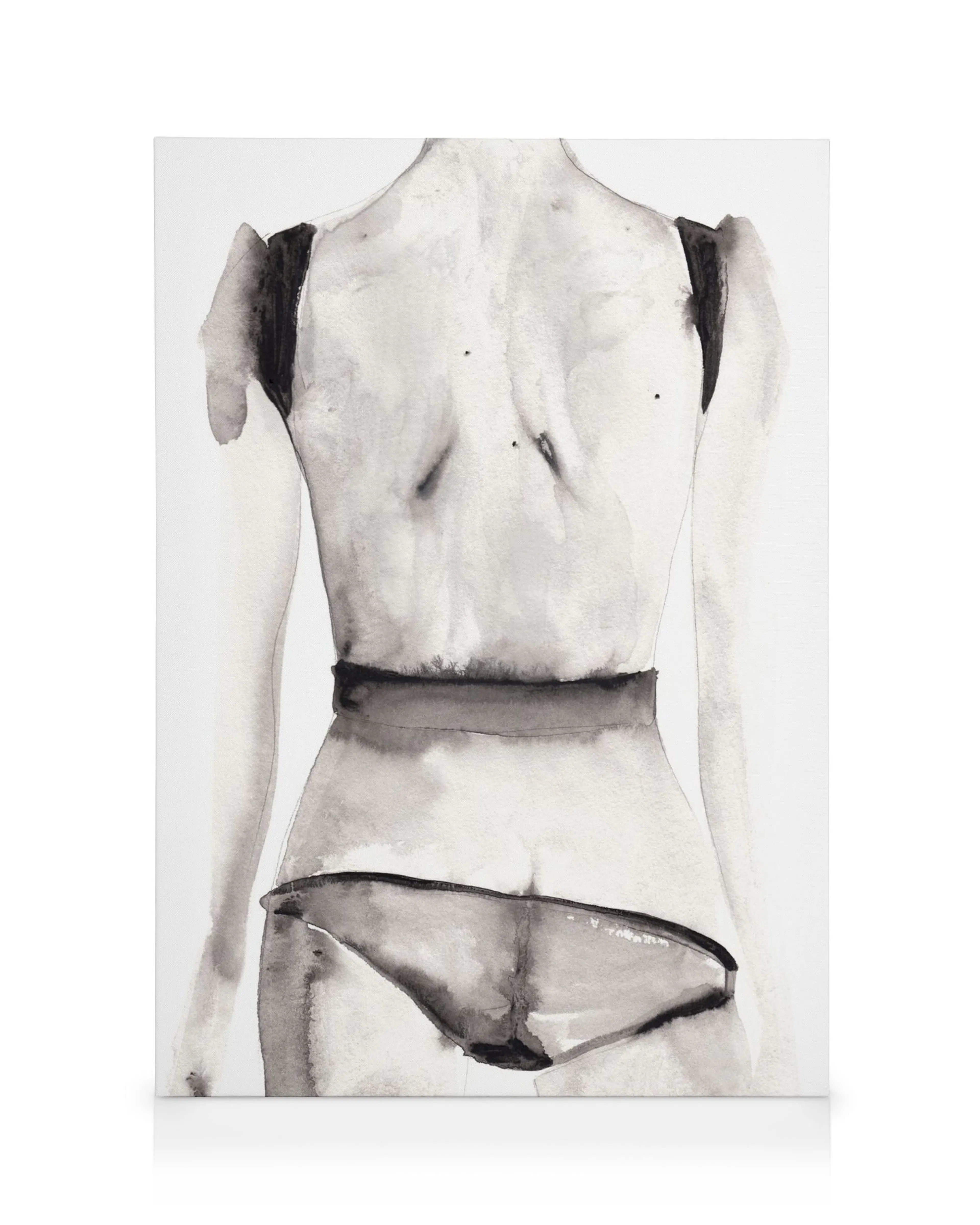 Akvarelmaleri af kvindelig torso set bagfra, i gråtoner med sorte detaljer. Kunst på lærred.