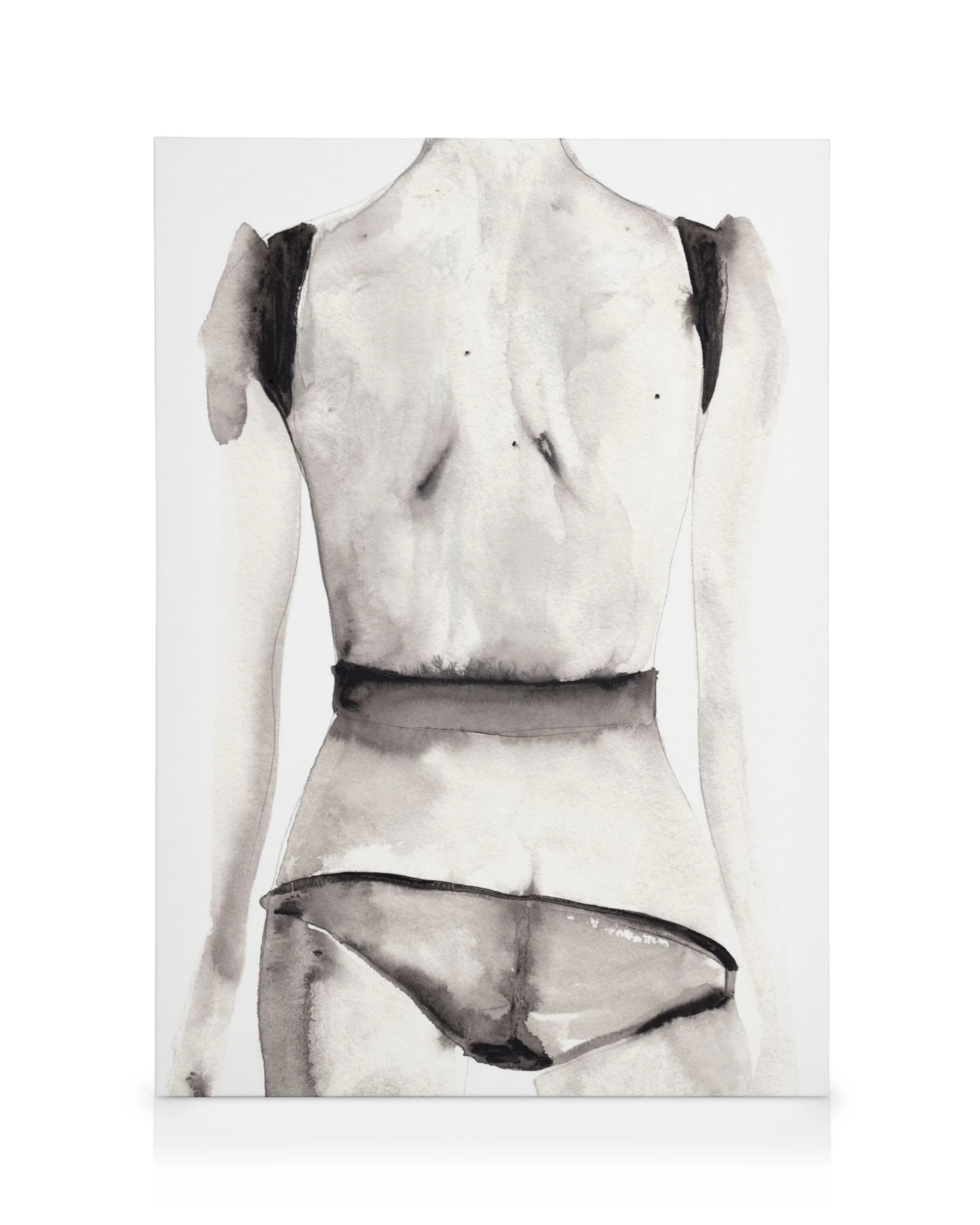 Pintura em aquarela a preto e branco de um torso humano de costas, com sombreamento escuro e efeito 3D.