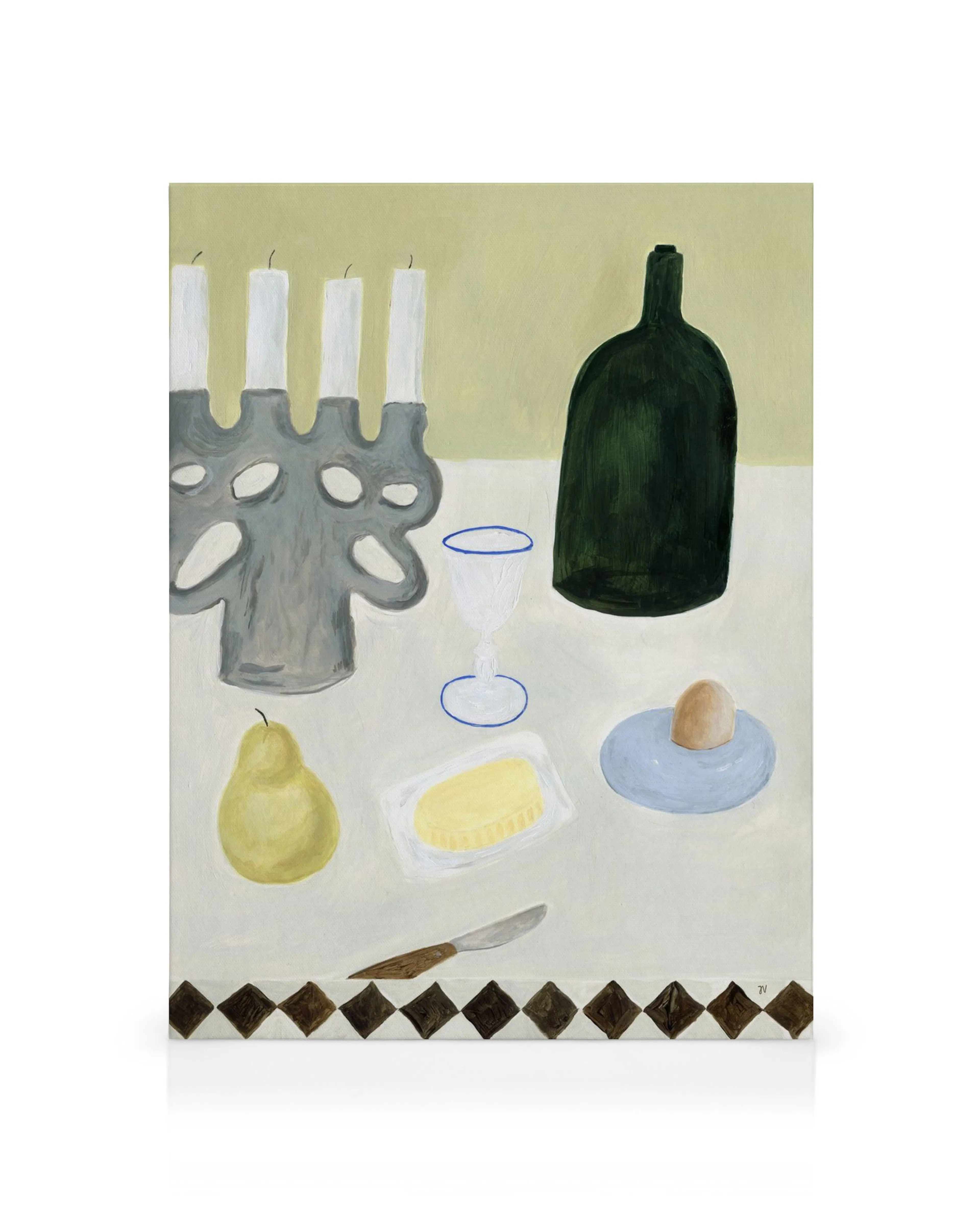 Isabelle Vandeplassche still life canvas print with candle holder, green bottle, glass, pear, butter, egg, and knife.