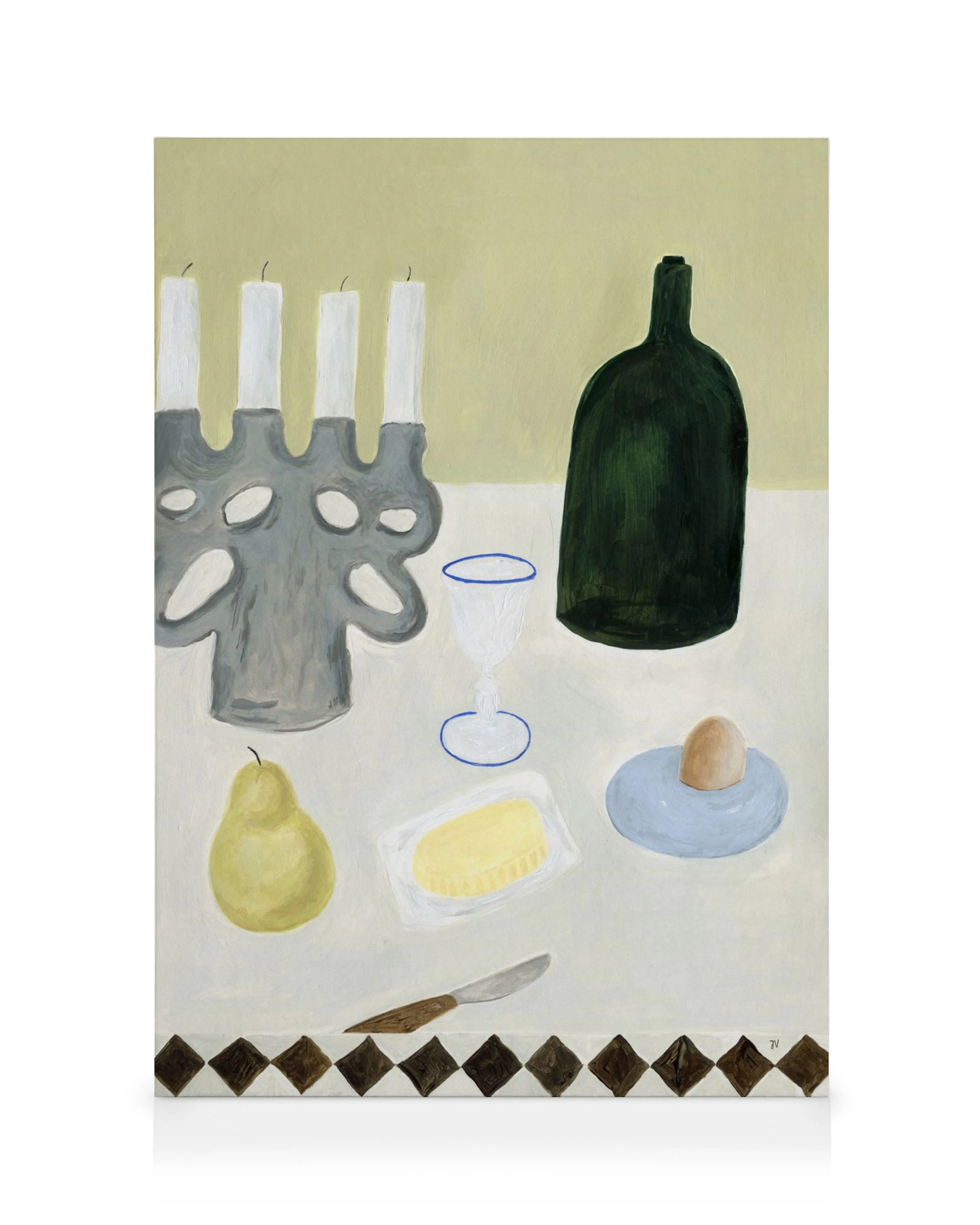 Leinwandbild Stillleben mit Kerzenhalter, grüner Flasche, Glas, Birne, Butter, Ei und Messer auf Tisch
