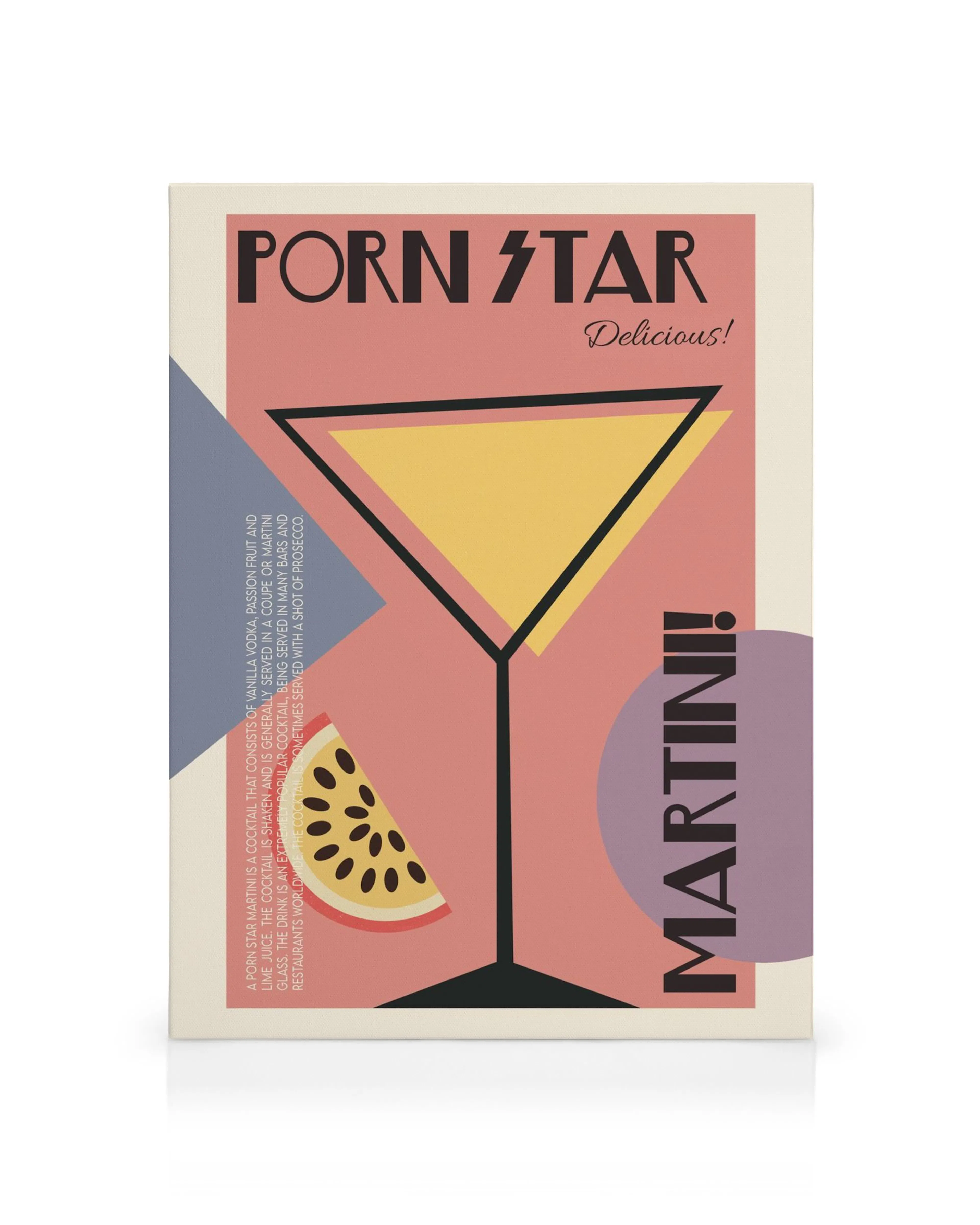 Stampa su tela Porn Star Martini con bicchiere da cocktail, frutto della passione su sfondo rosa, testo grafico.