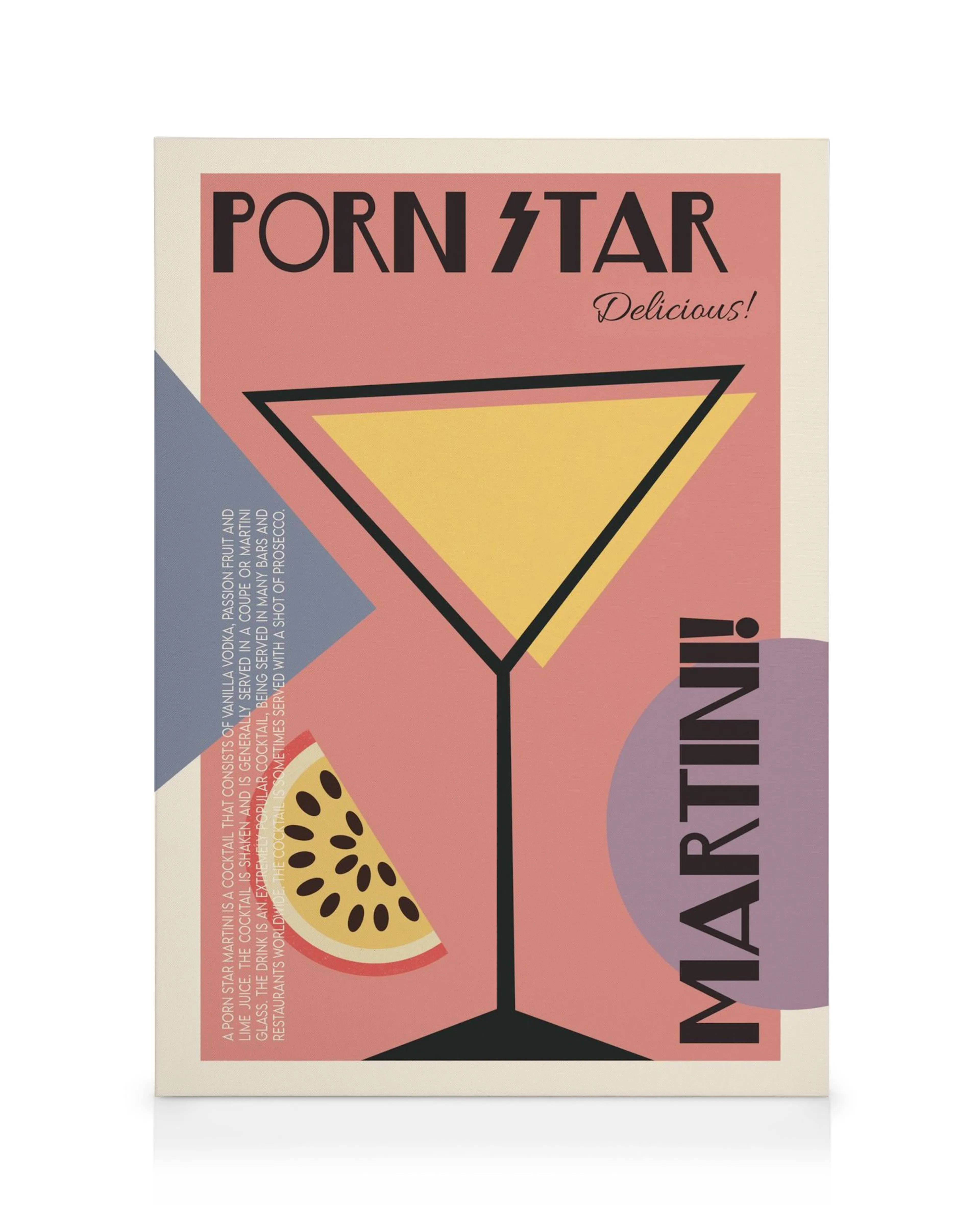 Stampa su tela Porn Star Martini con bicchiere da cocktail, frutto della passione su sfondo rosa, testo grafico.