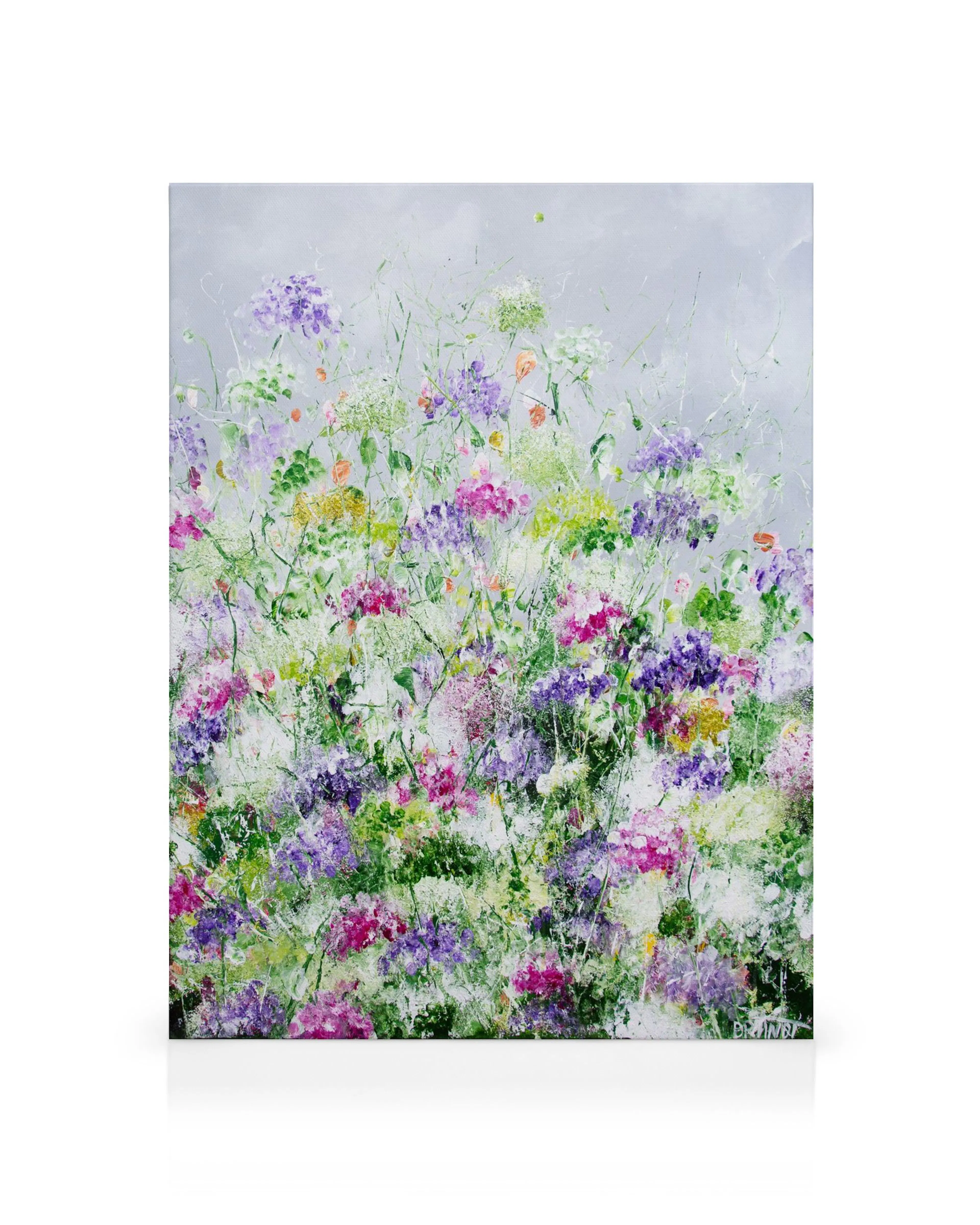 Leinwandbild Lavaux von Anna Brandt, bunte Blumenwiese mit lila, rosa, gelben Blüten und grünen Blättern auf hellem Hintergrund.