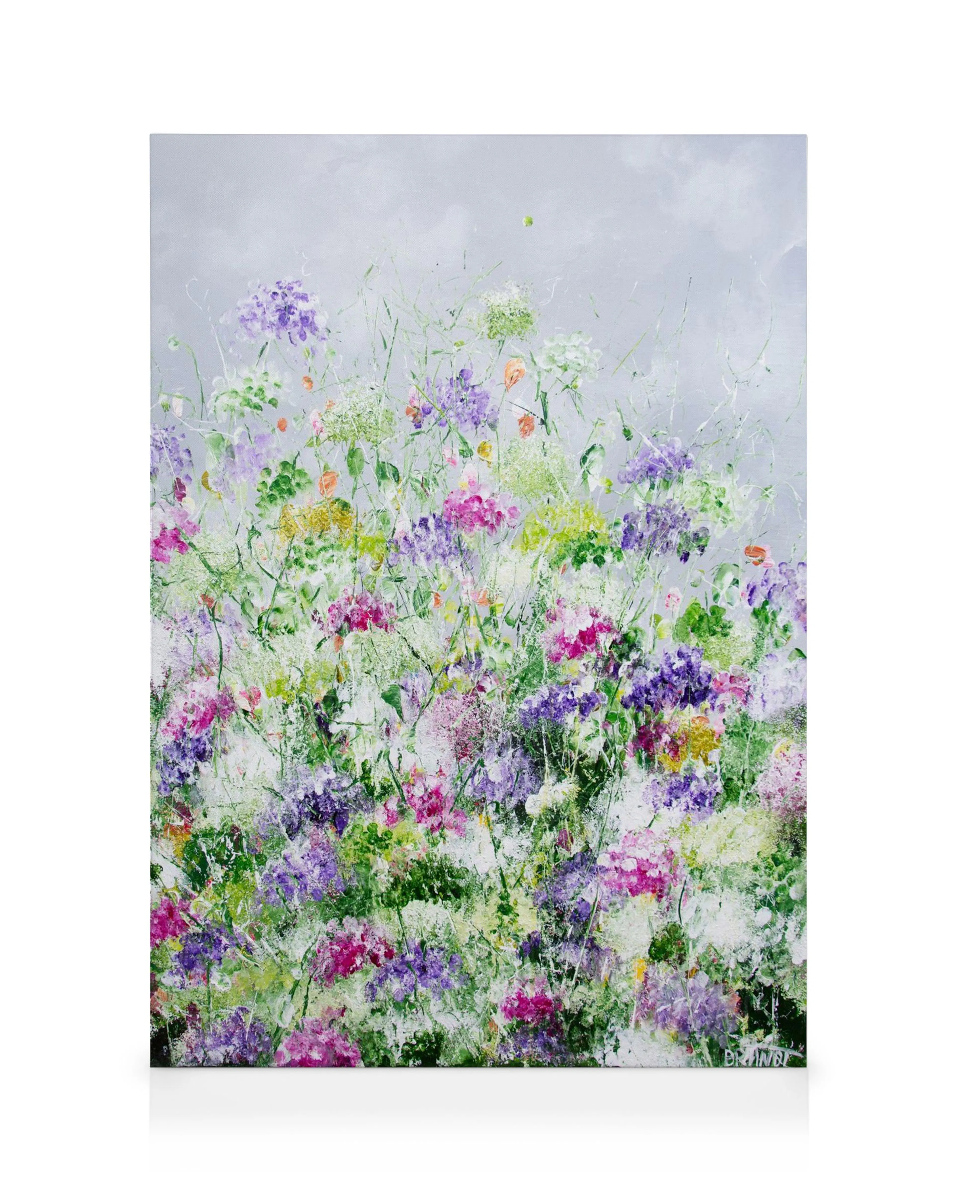 Stampa su tela con campo di fiori astratti testurizzati in viola, rosa, bianco e verde, arte da parete.