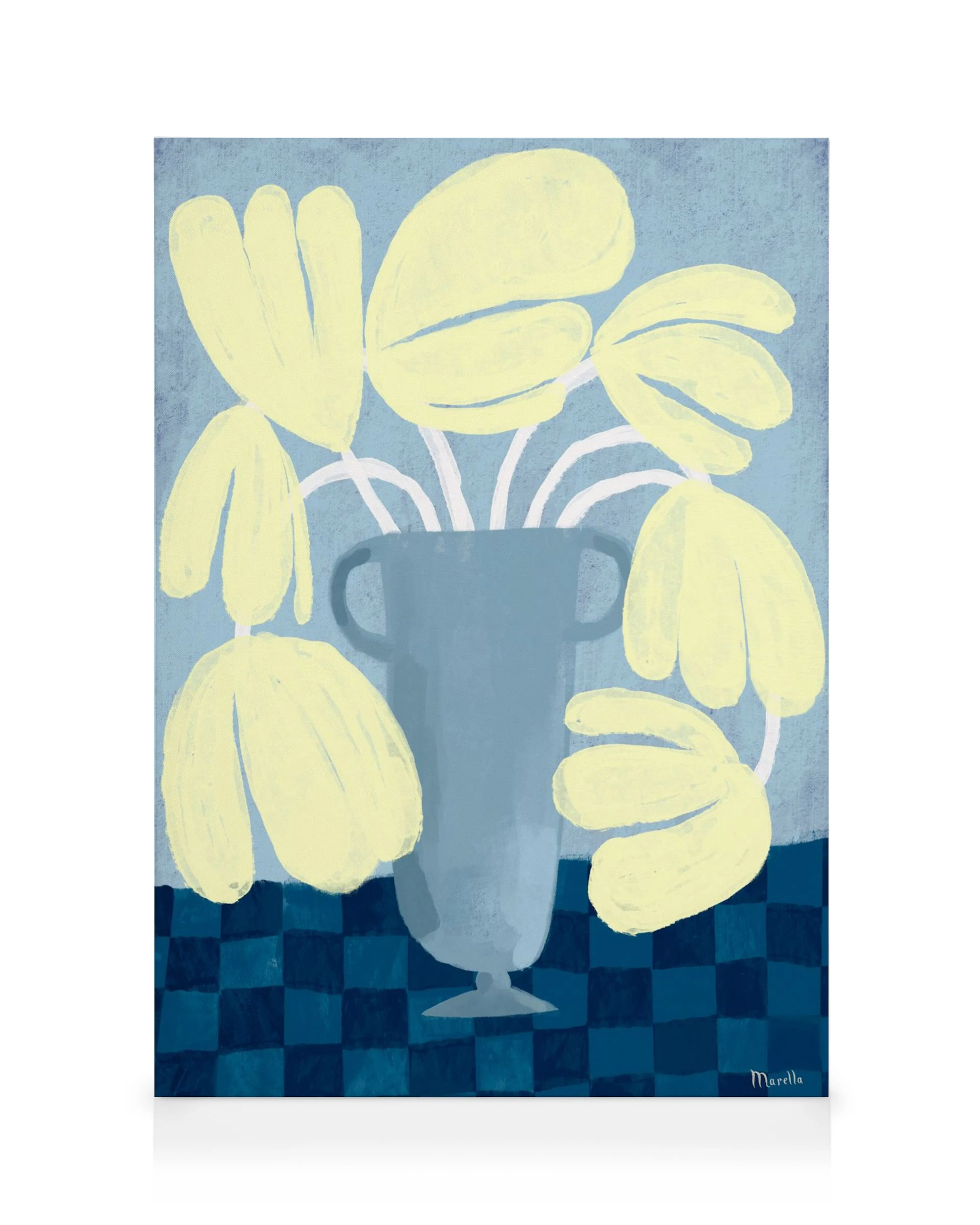 Marellas Dance of Flowers canvas print: yellow plants in a gray vase on a blue and black checkerboard surface.