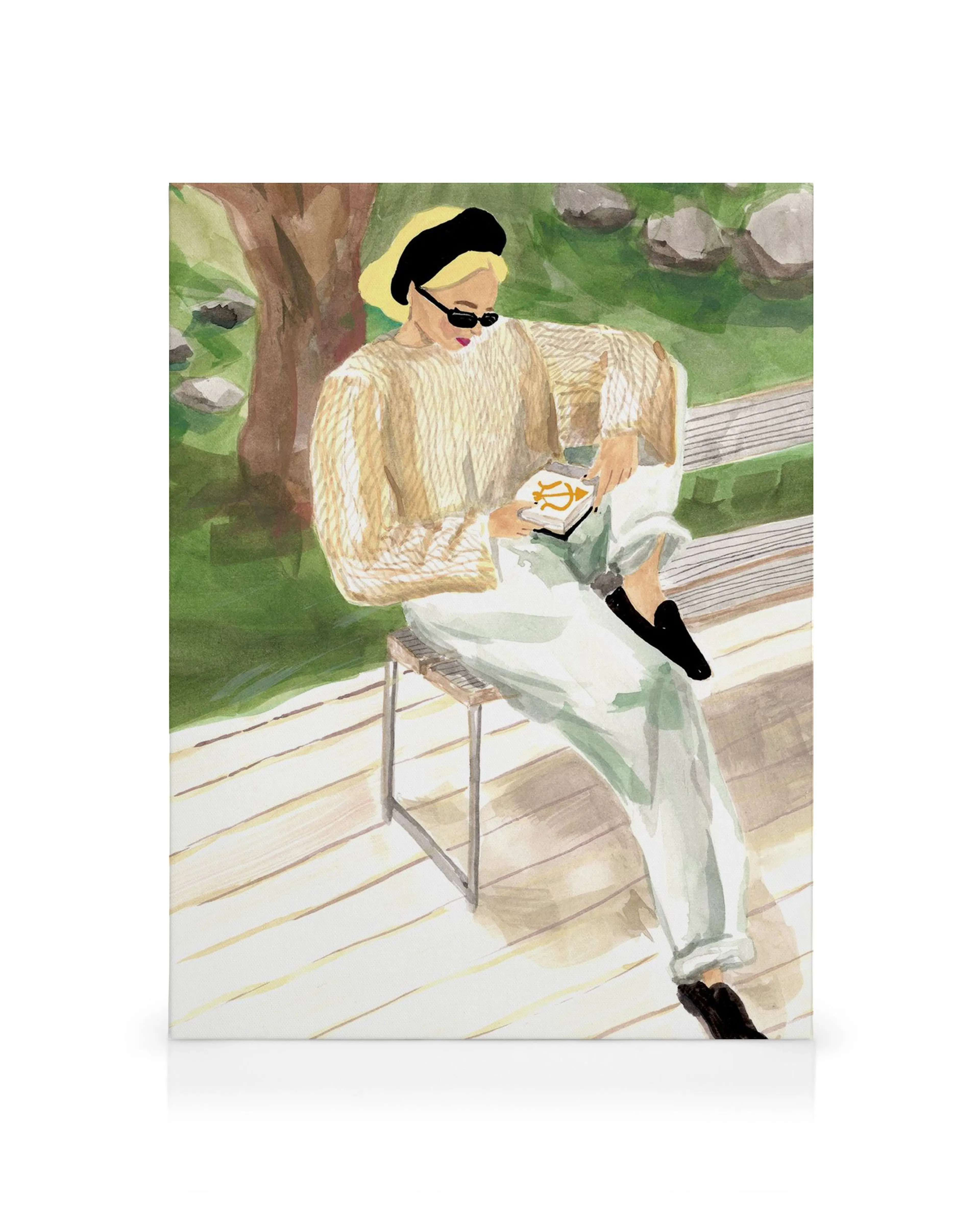 Ilustración de una persona con suéter beige y gafas de sol leyendo un libro de Sagitario al aire libre, estilo acuarela.